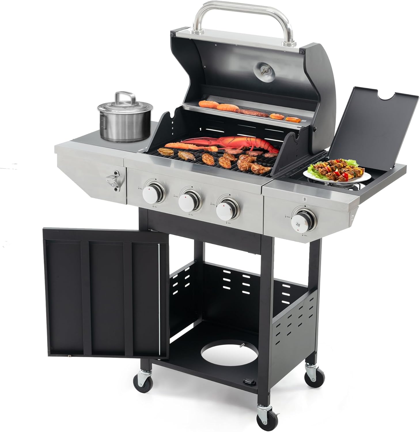 3 Burner BBQ Gas Grill, Propane Grill with Side Shelves & Side Burner & Wheels, 37150 BTU Output Stainless Steel Outdoor Barbecue Cooking Grate for Kitchen and Patio Backyard