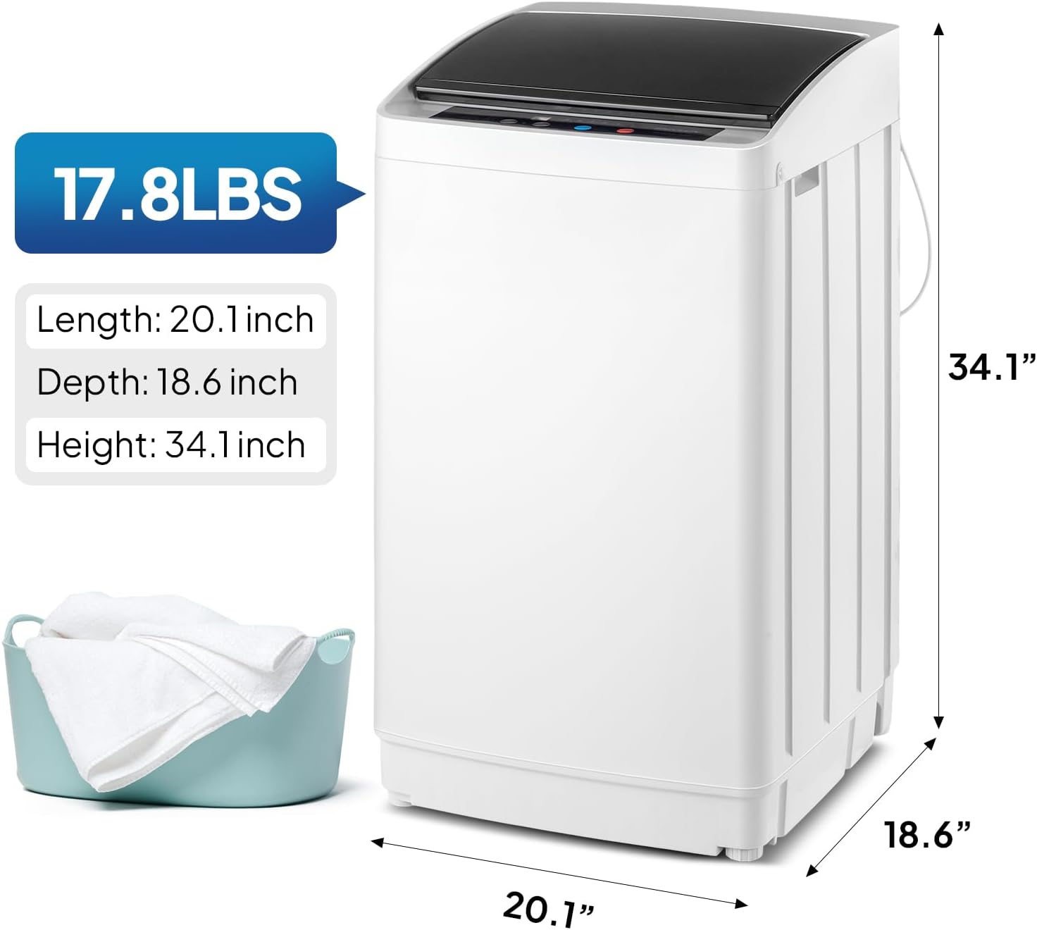 ROVSUN 17.8LBS Portable Washing Machine, Full-Automatic Electric Laundry Machine with Stainless Steel Drum, Compact Washer and Spin Dryer Combo with Drain Pump for Apartment, Dorm, Home, Light Grey