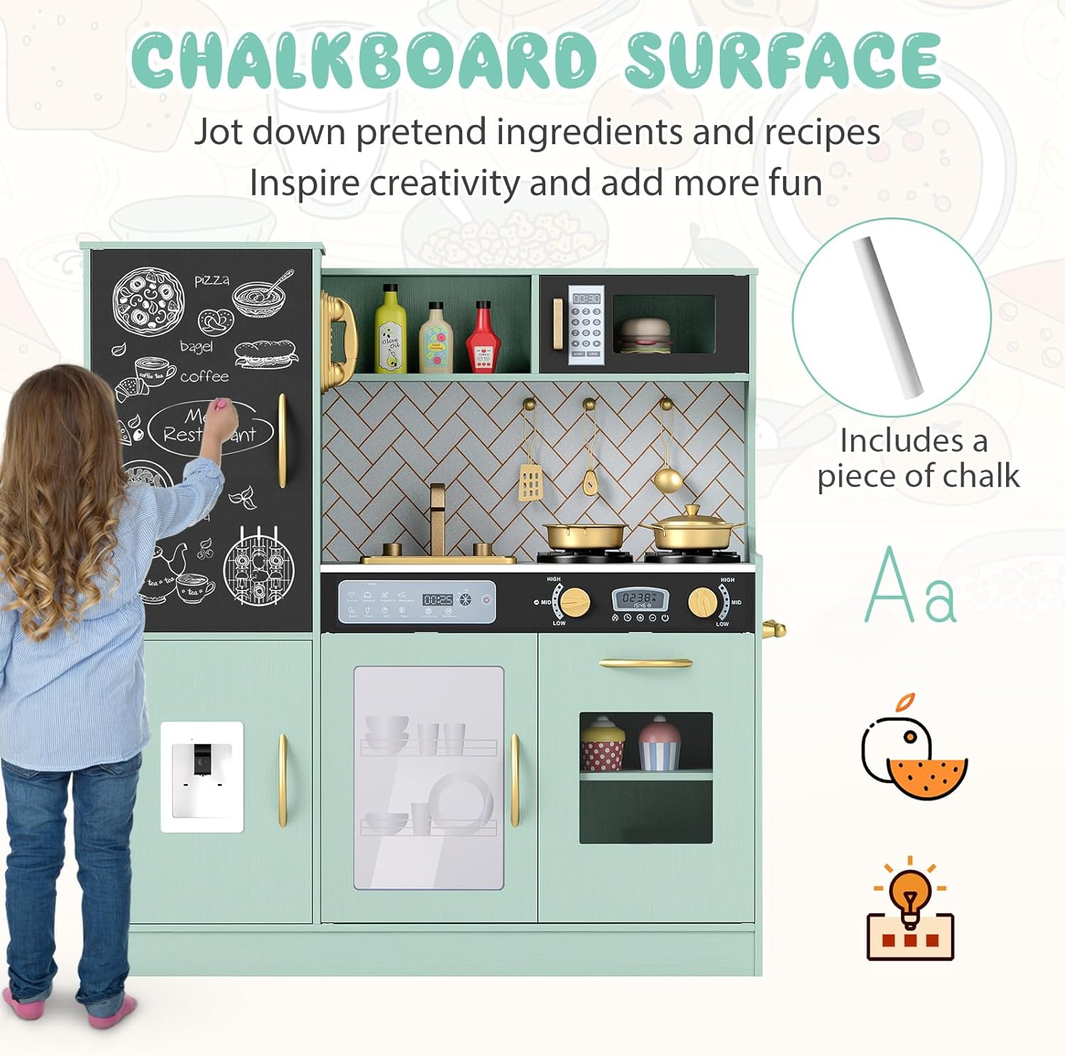 Costzon Kids Kitchen Playset, Large Wooden Chef Cooking Toy Set w/Real Sounds & Lights, Microwave, Blackboard, Oven, Ice Maker, Dishwasher, Play Phone, Utensils, Play Kitchen for Kids Ages 3+ (Green)