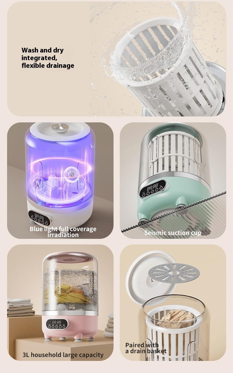 Portable Underwear Washer - Cordless & Rechargeable Mini Laundry System，Complete Compact Washer/Spinner for Delicates: Bras, Underwear, Socks & Baby Clothes (Pink)