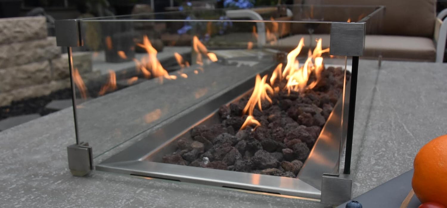 Elementi Hampton Fire Pit Bundle Outdoor Firepit Set Includes 56” Propane Concrete Firepit Table, Glass Windscreen, Stainless Steel Cover, Tank Cover, Canvas Cover, Floor Mat, Ice Bucket