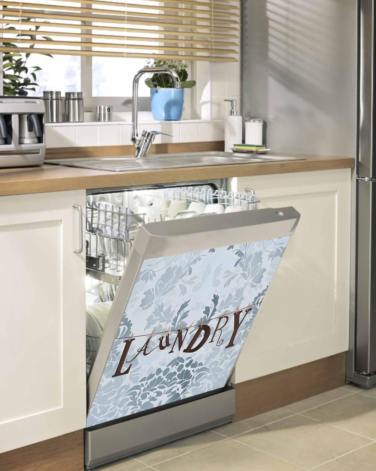 Dishwasher Magnet Cover, Laundry Blue Dishwasher Lid Magnetic Kitchen Sticker, Vintage Boho Modern Country Style Flower Resuable Refrigerator Magnet Covers Decal Fridge Kitchen Appliance 23''x26''