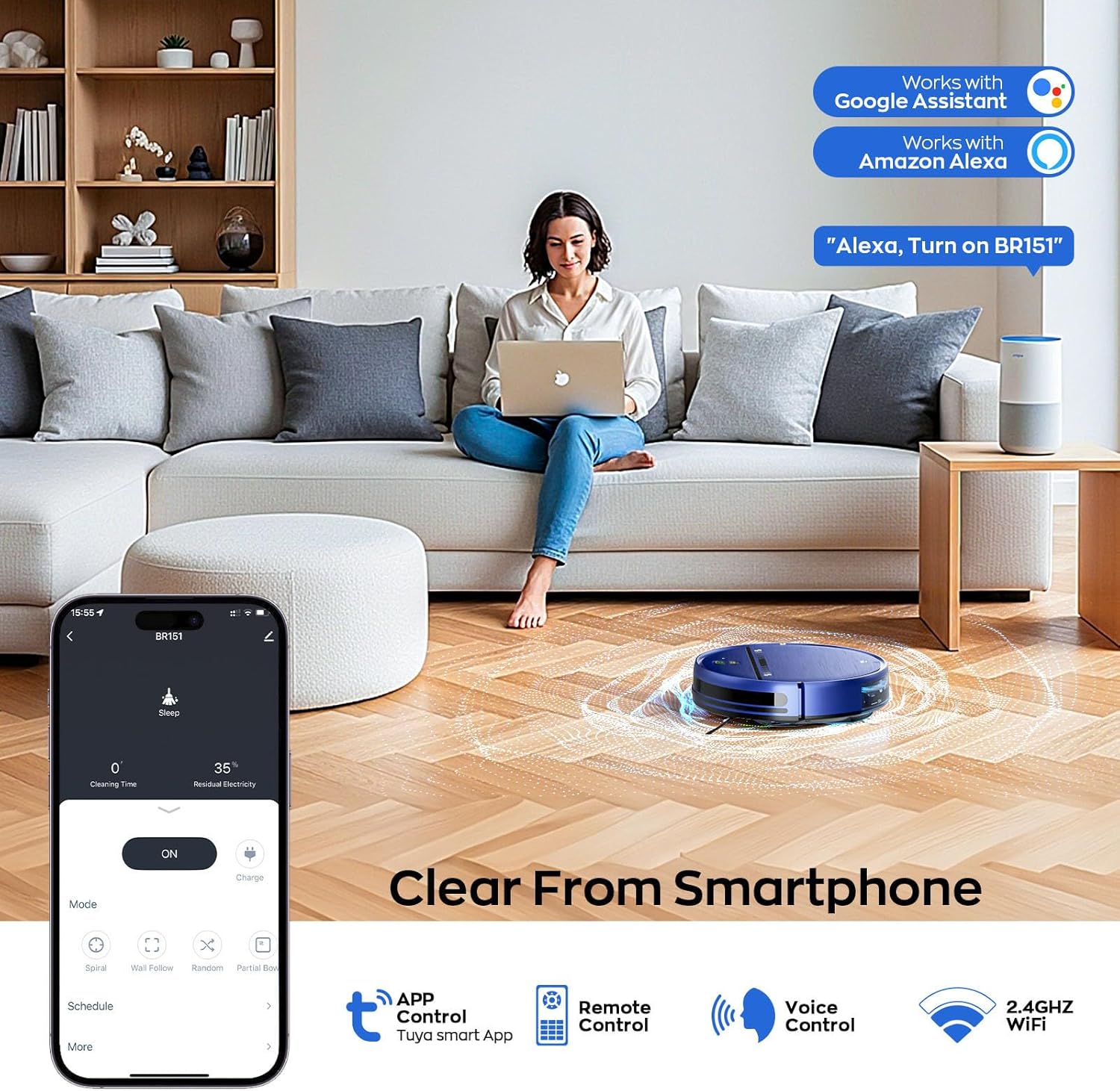 Robot Vacuum and Mop Combo, 2-in-1 Mopping Robot Vacuum Cleaner with 2300Pa Suction, 2.87'' Slim Design, Wi-Fi/App/Voice Control, 3D Obstacle Avoidance&Self-Charging for Hard Floors, Carpets, Pet Hair
