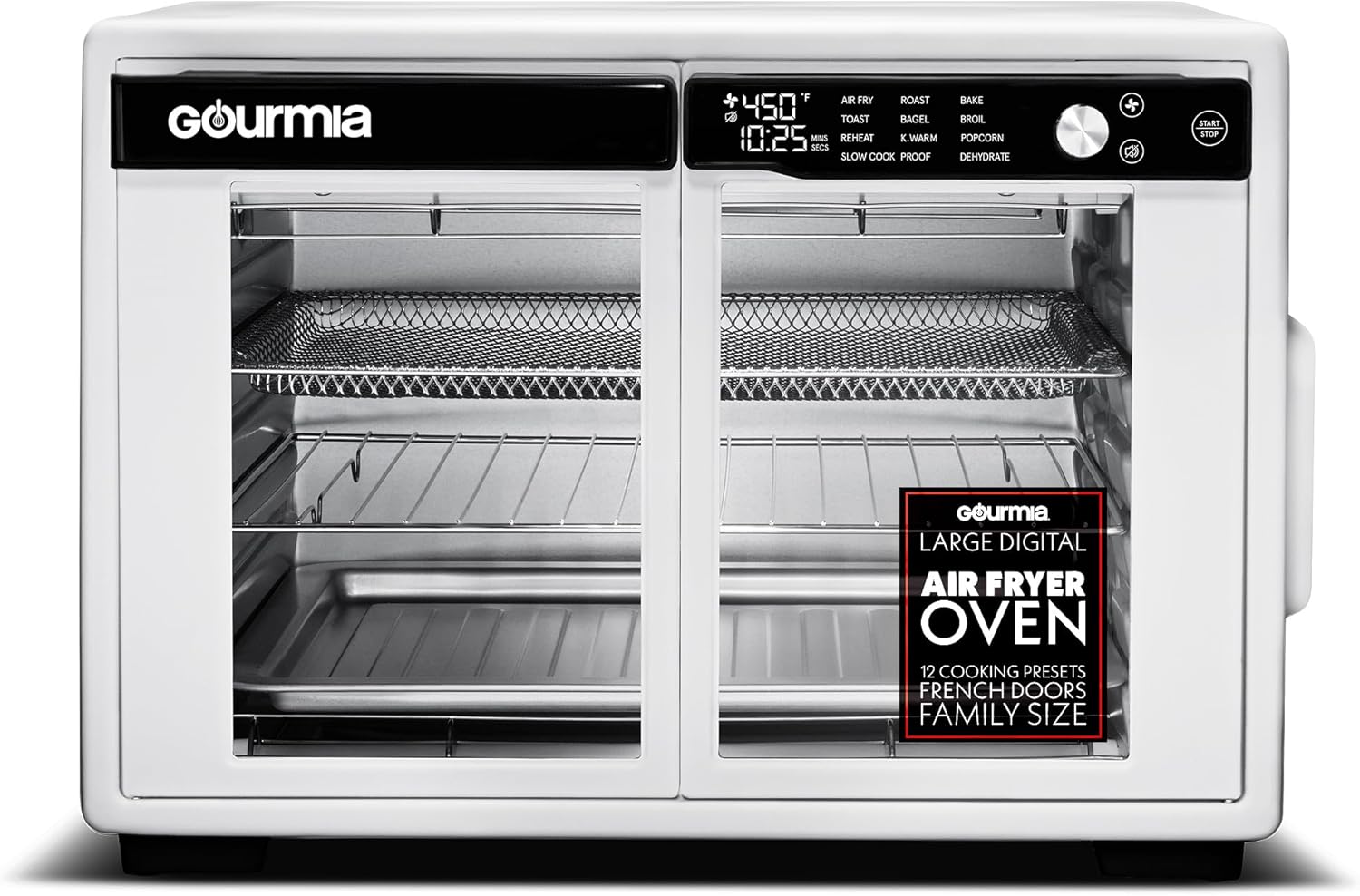 Gourmia French Door Air Fryer Oven - 37 Qt Large Capacity Convection Toaster Oven, FryForce 360°, Digital Display, 12 Cooking Presets, Dehydrate, Fits 13” Pizza, Dishwasher-Safe, White