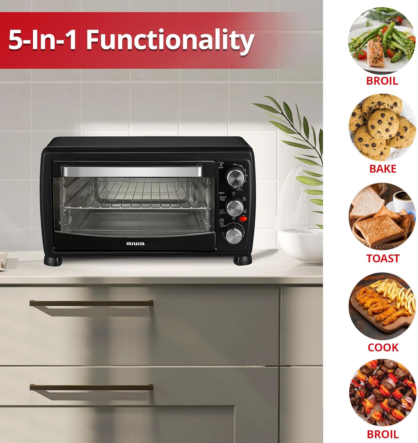 Aiwa 1400W Toaster Oven 6 Slice with Baking Tray, Air Fry Bake Toast Cook and Broil, Temperature Control, 60 Minute Timer Knob, Automatic Shutoff, Crispier Mesh Baking Tray and Crumb Tray Included