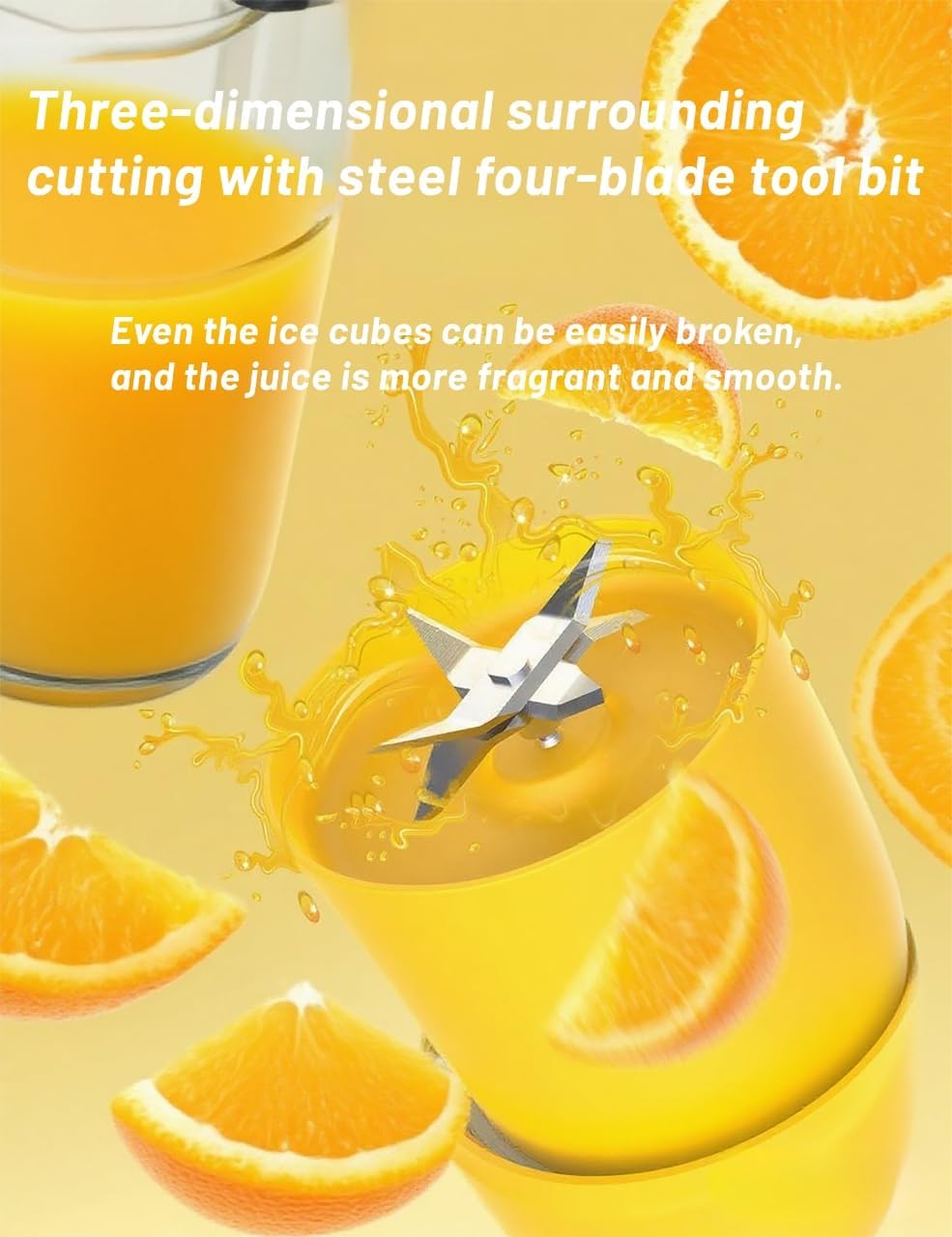 Portable Electric Juicer Cup, Wireless Rechargeable Blender with 4-Blade Design, Food Grade PP Material, Yellow (Orange yellow)