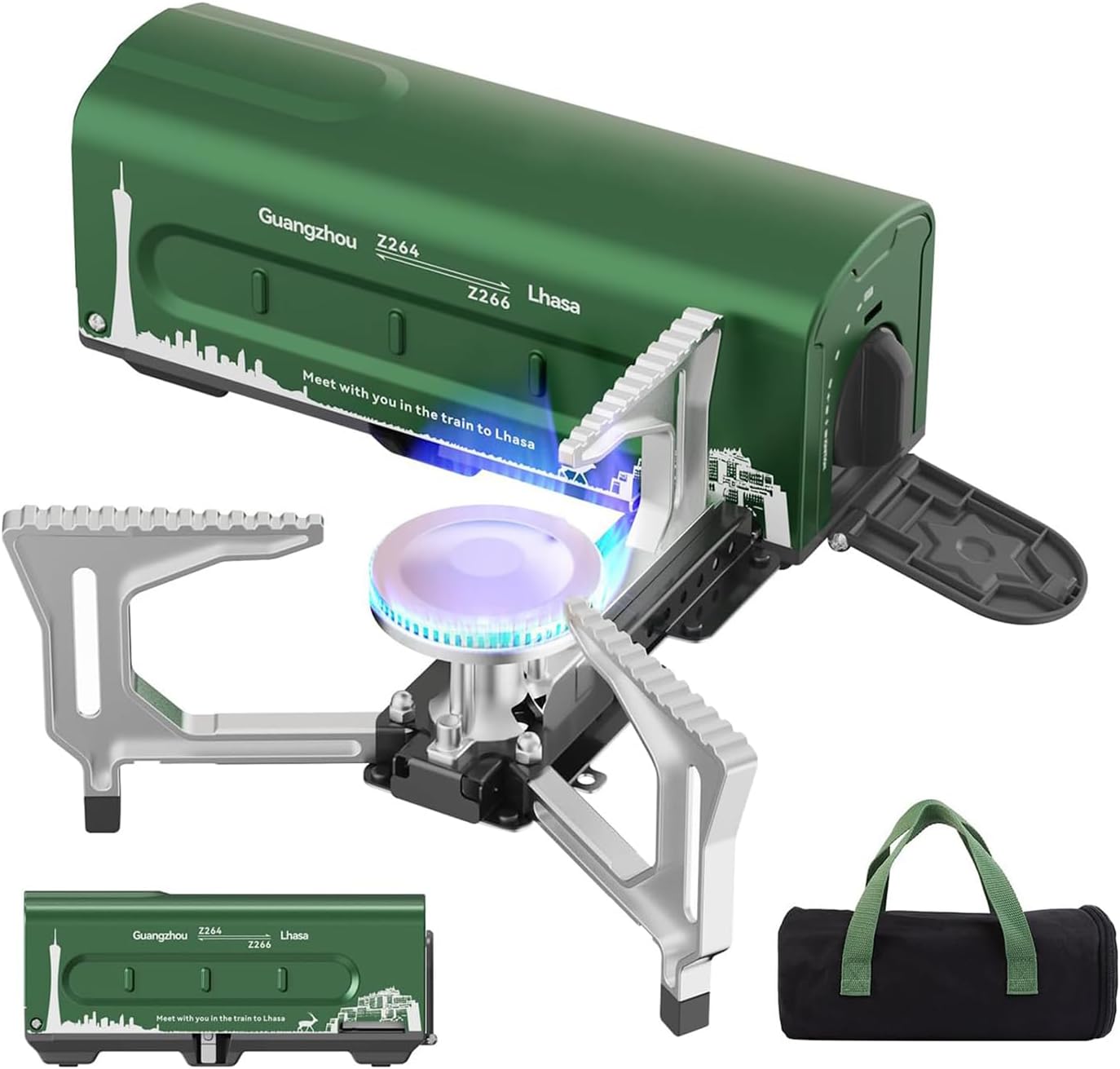 Camping Gas Stove, Portable 2200w/7500btu Foldable Stove Butane With Piezo Ignition & Carrying Bag, Adjustable Firepower, For Outdoor Cooking Pincnic Backpacking Hiking Bbqge (Green)