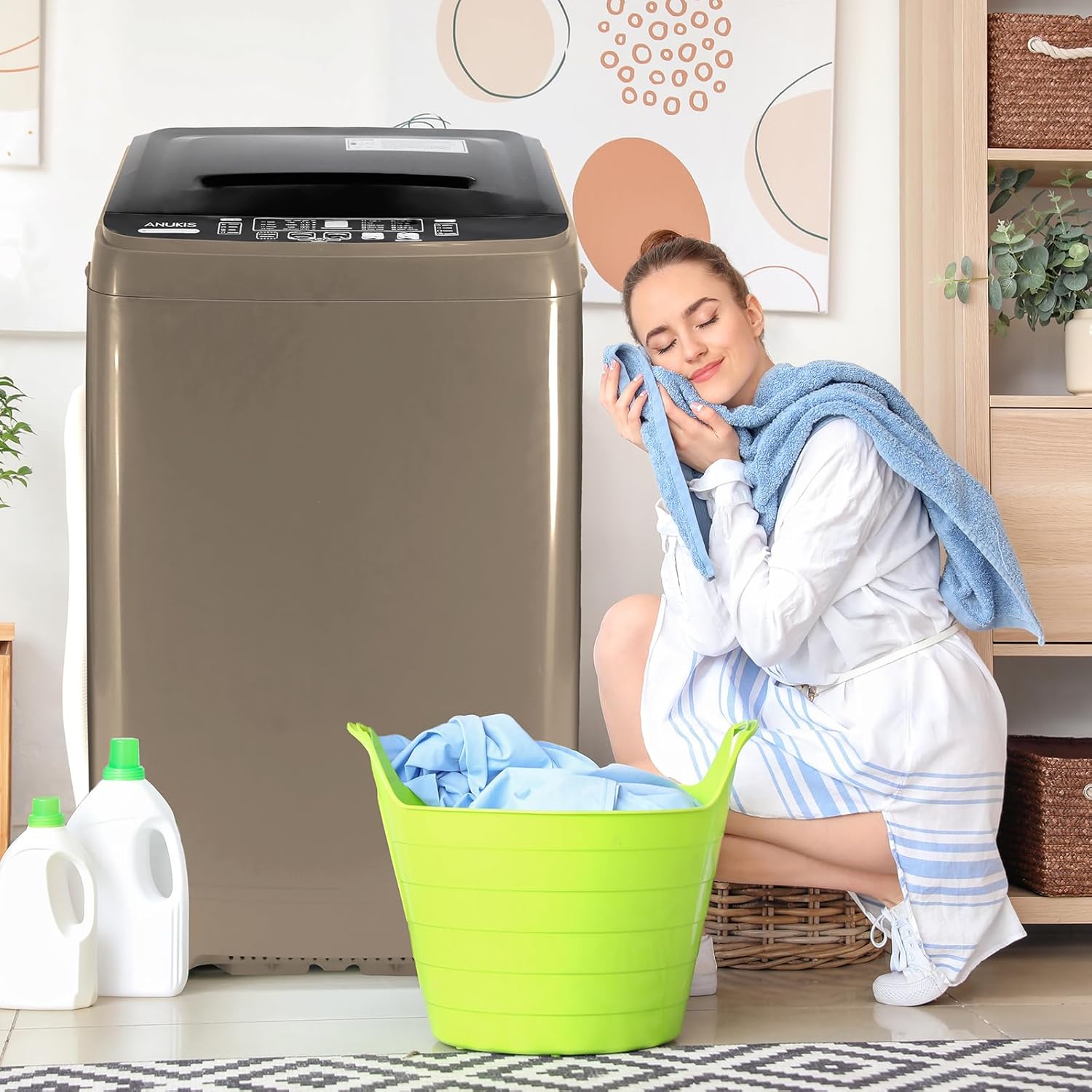 Anukis Fully Automatic Washing Machine, 13 lbs Capacity Compact Laundry Washer with Drain Pump 10 Wash Program & 8 Water Levels for Apartment, Dorm, RV, Gold