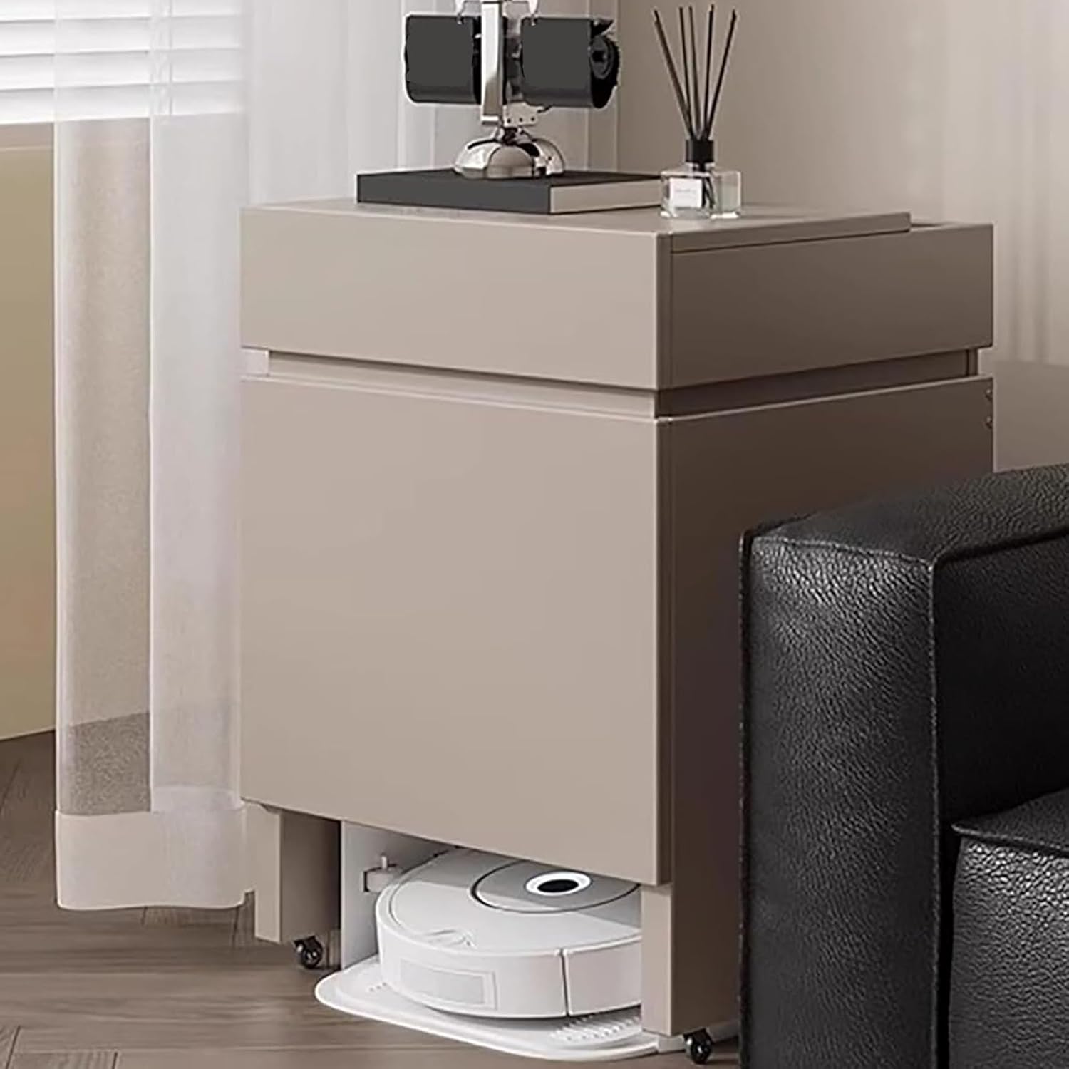 Robot Vacuum Cabinet with Lockable Wheels, Wood Storage Cabinet with Drawer, Smart Floor Sweeper Hidden Storage Rack for Living Room, Entryway(Gray,55 * 78cm/21.7 * 30.7in)