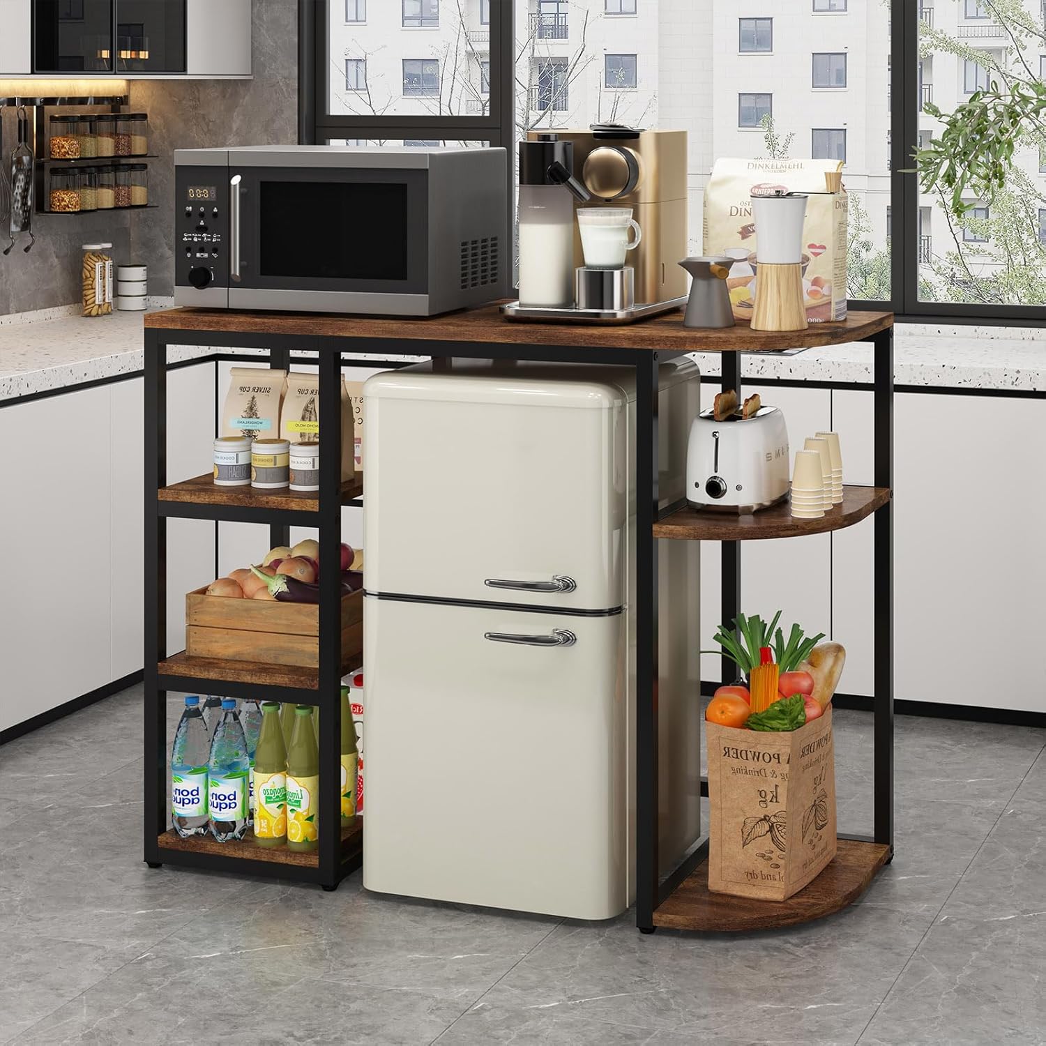Mini Fridge Stand with Storage, Bakers Rack, Mini Fridge Cabinet with Storage, Coffee Bar Cabinet with Mini Refrigerator, Microwave Oven Stand Rack for Home Dorm Office.