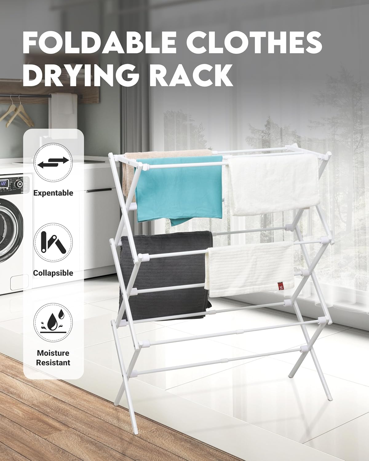 3-Tier Metal Folding Clothes Drying Rack, Laundry Drying Rack Clothing | Collapsible Dryer Racks for Laundry | Indoor & Outdoor, White