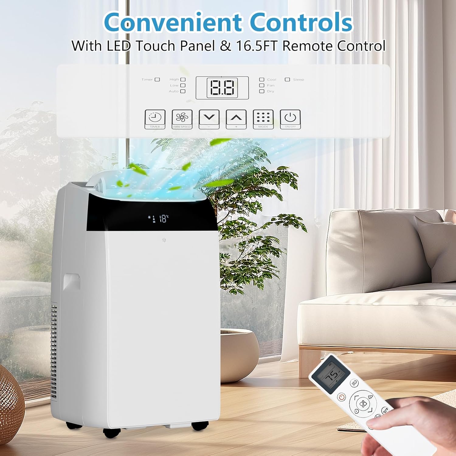 14,000 BTU Portable Air Conditioner for Large Indoor Rooms (Up to 750 Sq. Ft): Powerful Smart 3-in-1 Freestanding AC with Remote Control & 24H Timer