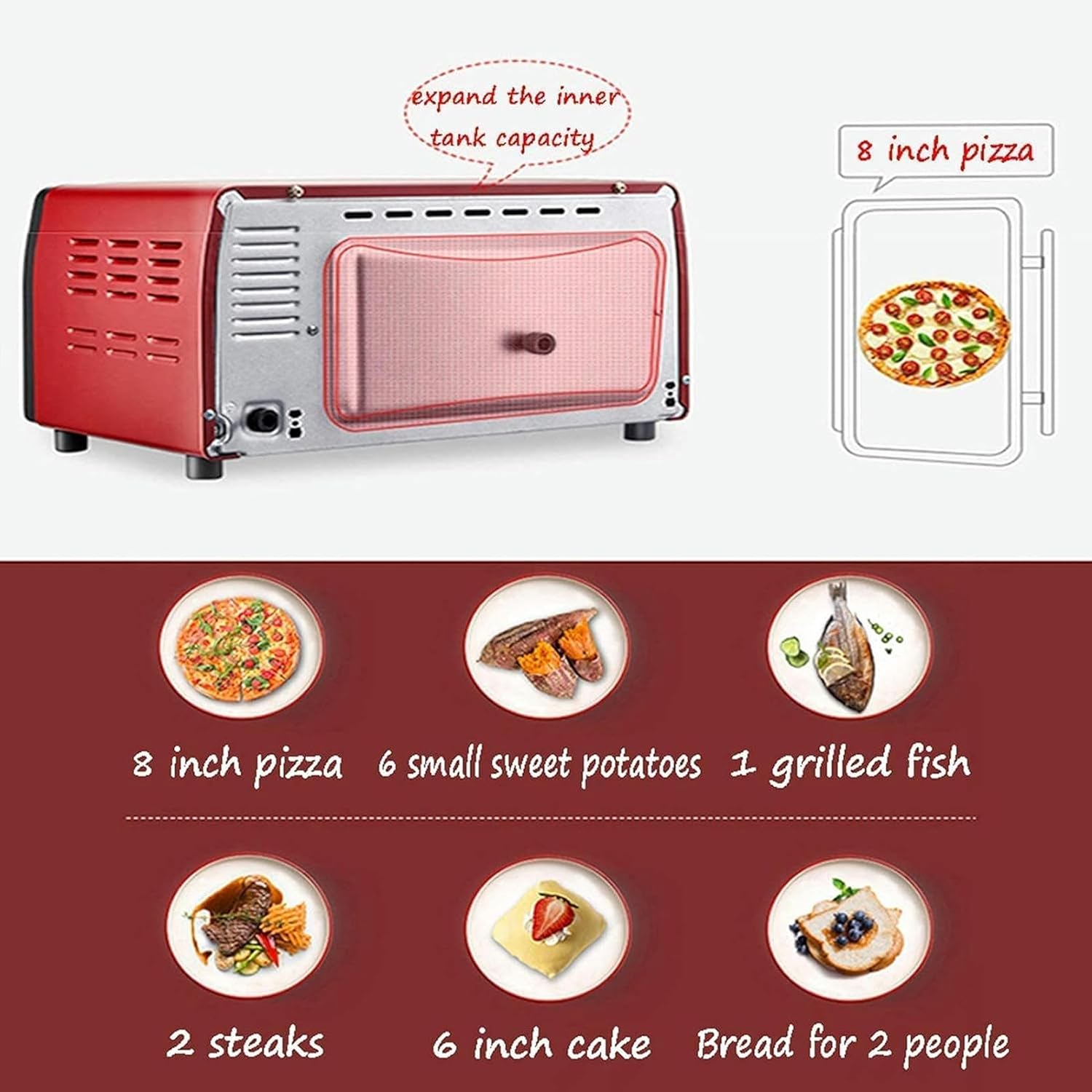 AMNOOL Household Intelligent 12L Electric Oven,Multifunctional Large-Capacity Chicken Oven Microwave Oven with Bakeware Pizza Baking Mini Oven Red (Red) (Red) Aesthetic and Practical-1*
