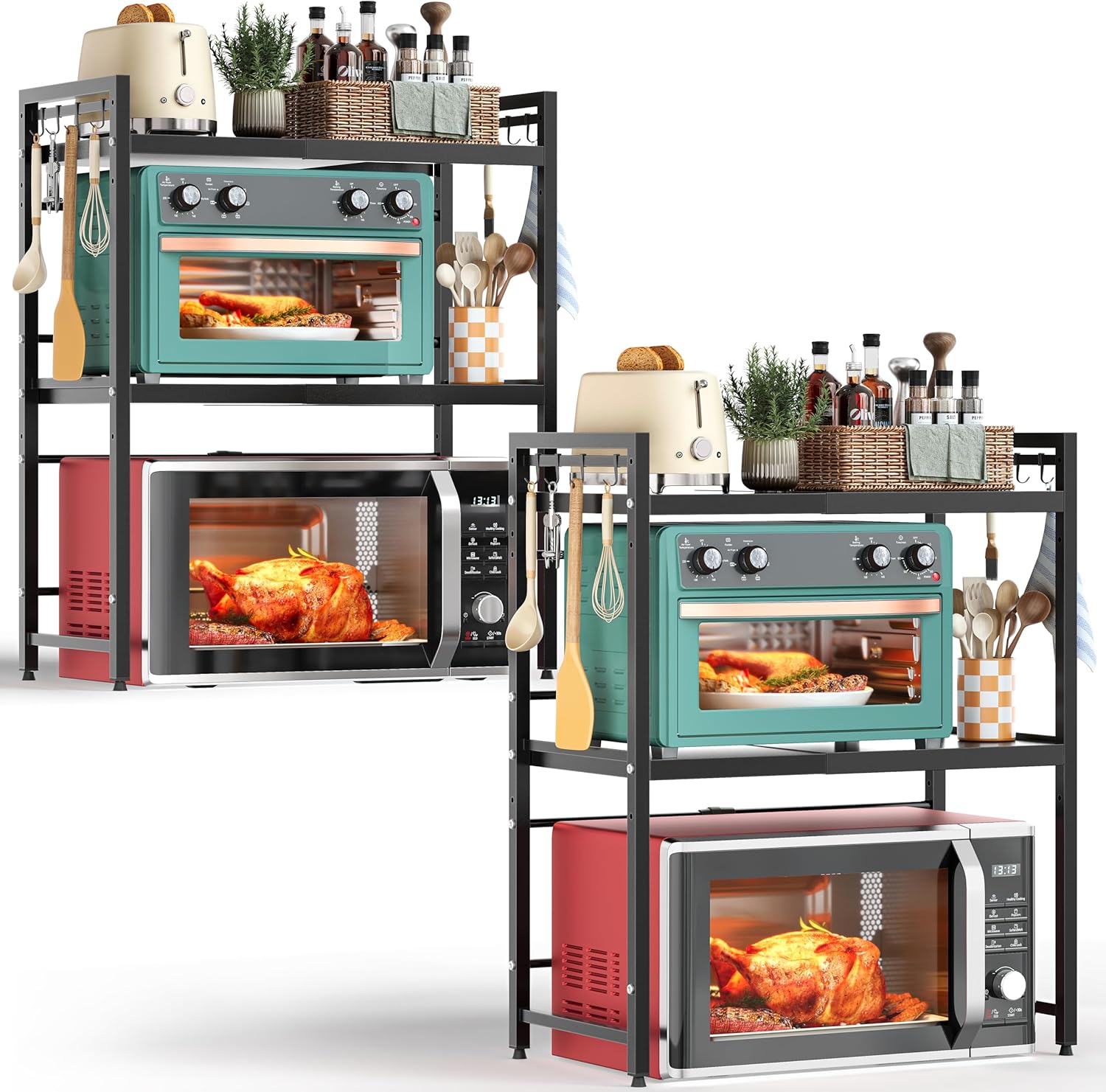 NETEL 2 Pcs Expandable Microwave Stand,3 Tier Metal Kitchen Countertop Organizer Shelves with 8 Hooks,Bakers Rack,Microwave Shelf,Microwave Oven Rack,110lbs Weight Capacity,Black