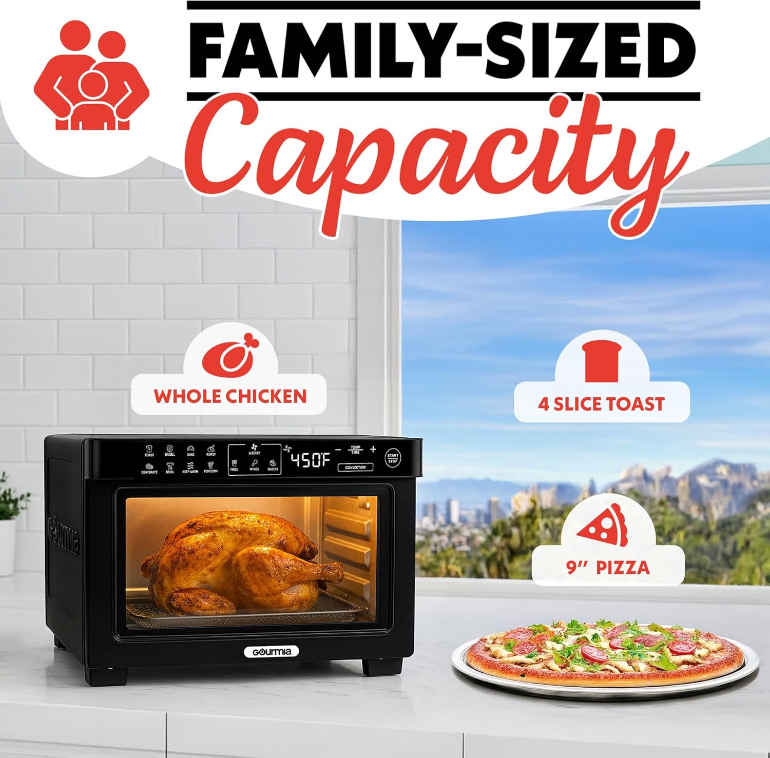 Gourmia Toaster Oven Digital Air Fryer - Convection Mode with 4 Slice Capacity, 3 Rack Positions, 12 Presets, Toast, Bagel, Bake, Roast, Broil, Dehydrate, Popcorn, Fits 9