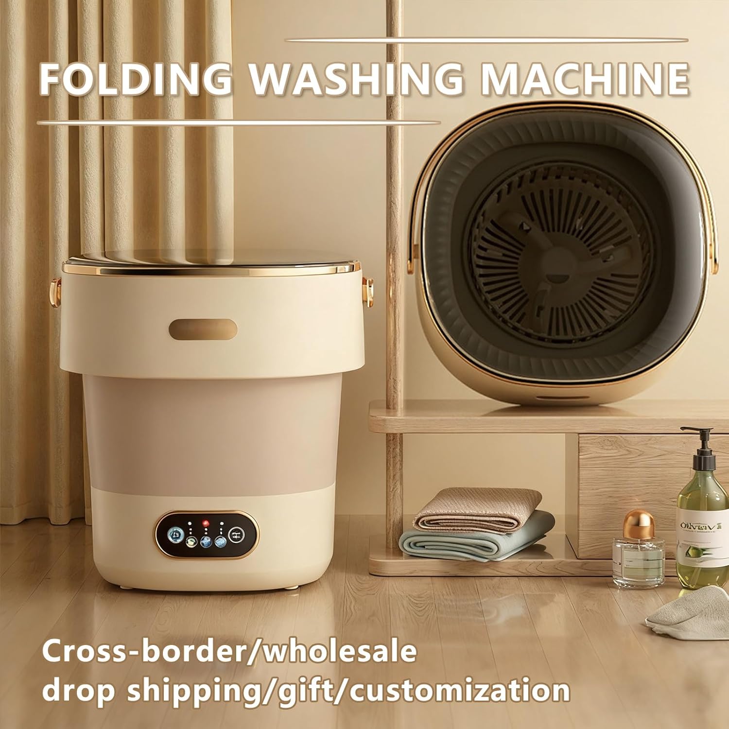 Portable mini Washing Machine with Spin Basket Foldable Compact Washer for Underwear Small Clothes Ideal for Home Apartments Dormitories Hotels Travel(Beige)