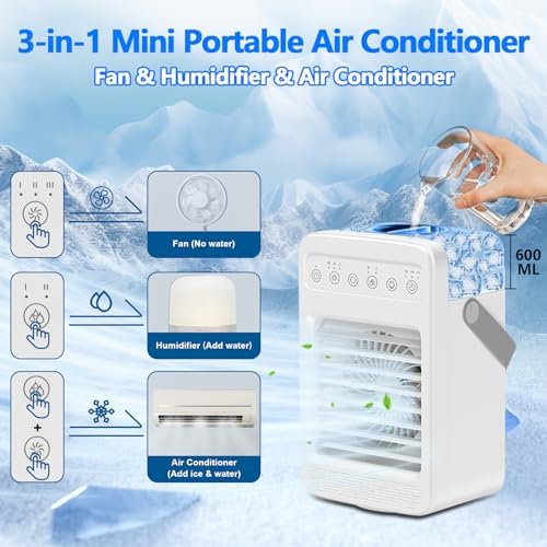 Portable Air Conditioners, 180°Oscillation Mini Air Conditioners, 4 Wind Speed Portable AC, Built-in Ambient Lighti AC Unit, Large Water Tank Air Cooler for Room/Kitchen/Office/Desk
