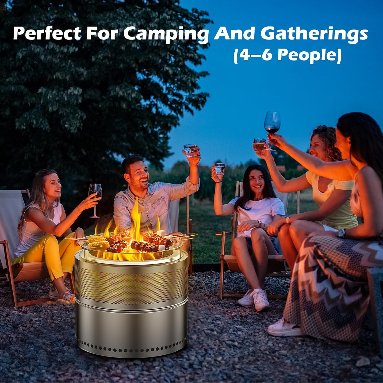20 Inch Smokeless Fire Pit, Outdoor Double-Wall Airflow Stainless Steel Firepit with Grill Rack & Ash Pan, 360° Airflow Bonfire Stove Design, Efficient Wood Burning, Portable for Camping & Gatherings