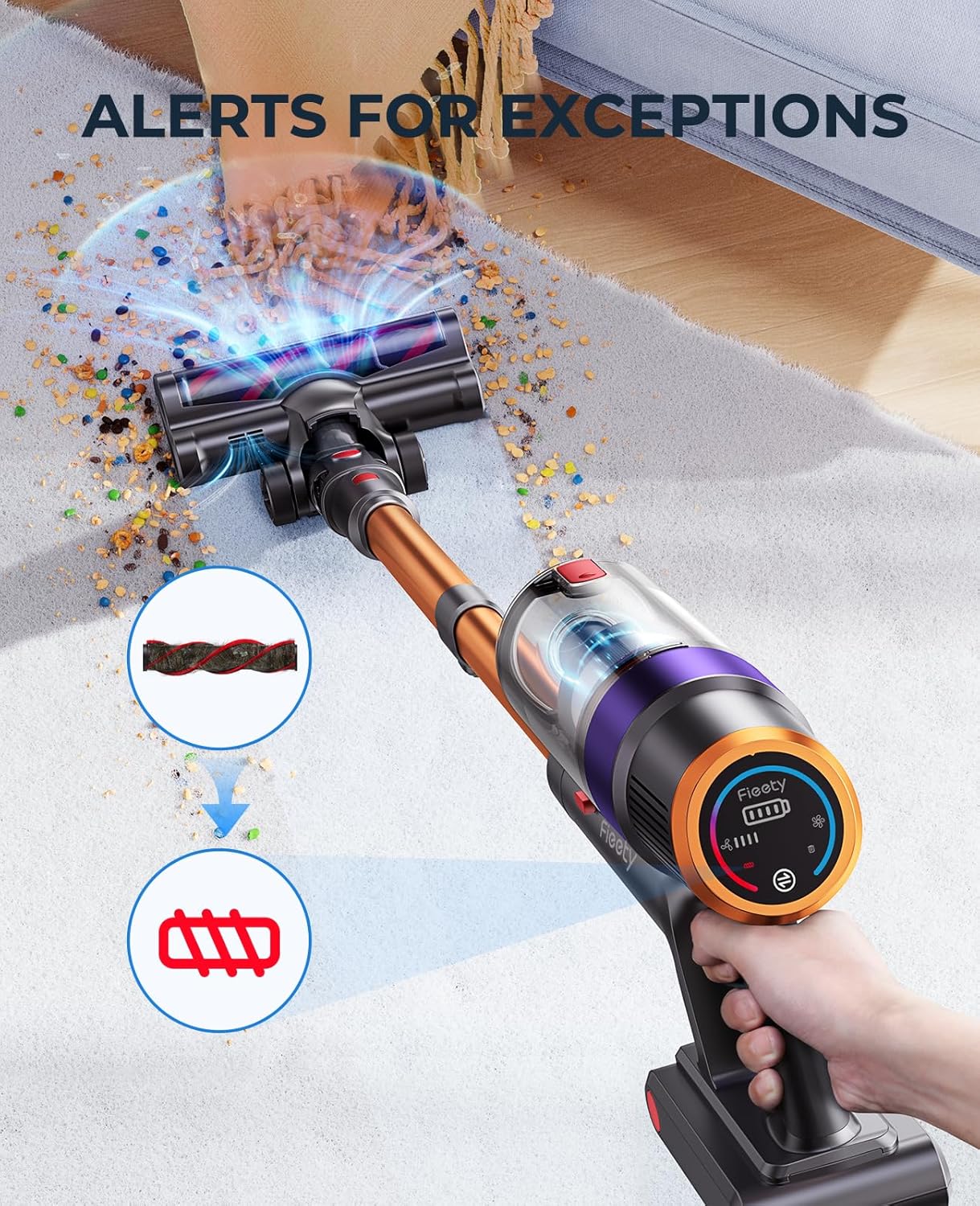 Fieety Cordless Vacuum Cleaner, 550W 45KPA 60Mins Cordless Stick Vacuum Cleaner with Rechargeable Battery, LED Touch Display, Handheld Vacuum Cleaners for Home/Pet Hair/Carpets/Floors