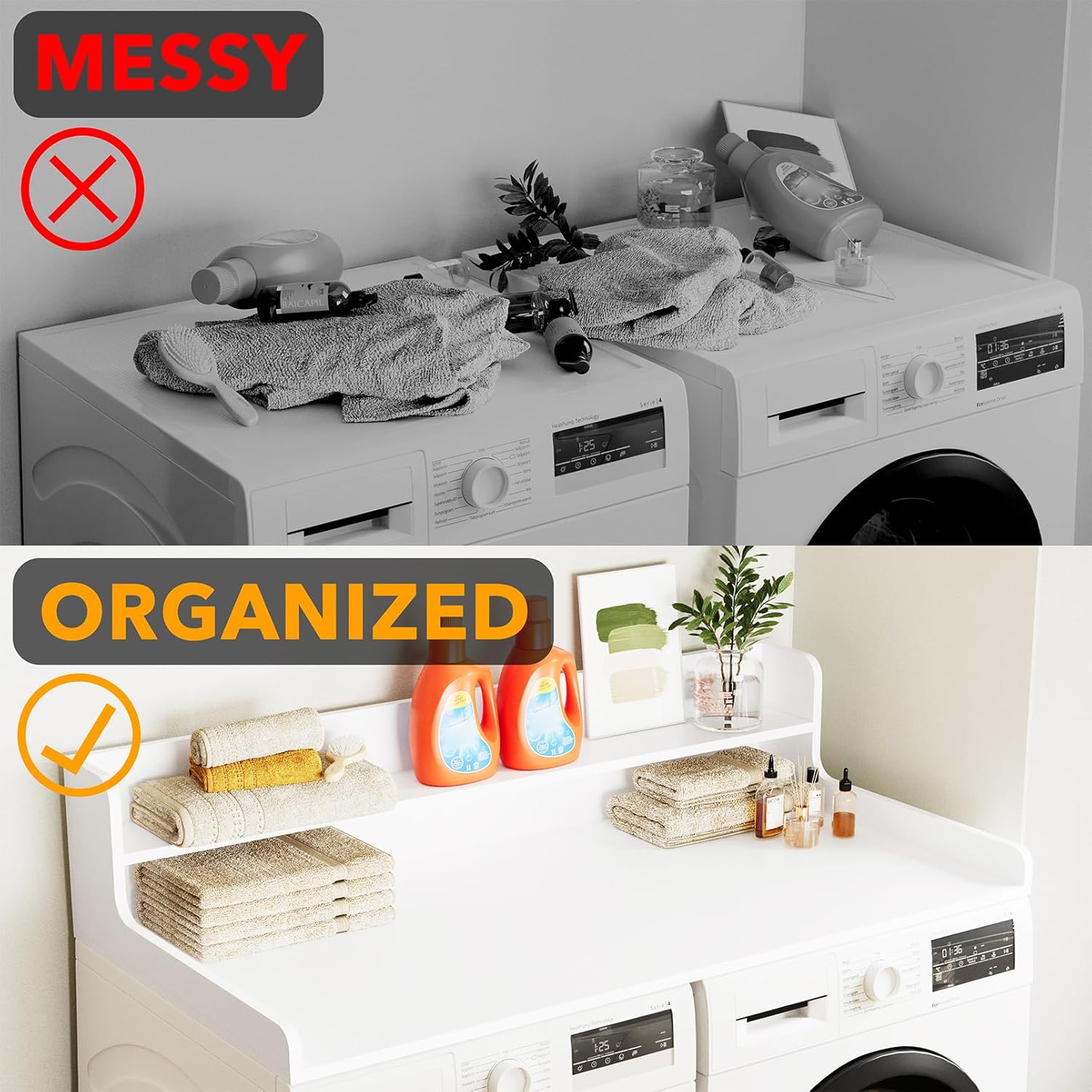 SpaceAid Washer Dryer Countertop with 2-Tier Shelf, Wood Topper with Edge, 54