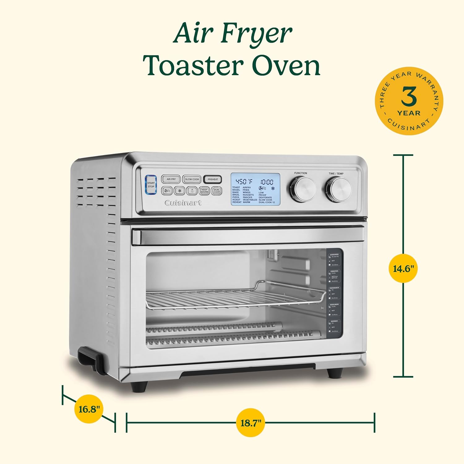 Cuisinart Air Fryer Toaster Oven with Extra-Large Capacity, 1800W Stainless Steel Oven with Digital Display, Bake, Broil, Roast & Air Fry Options, Adjustable Temperature, TOA-95NAS