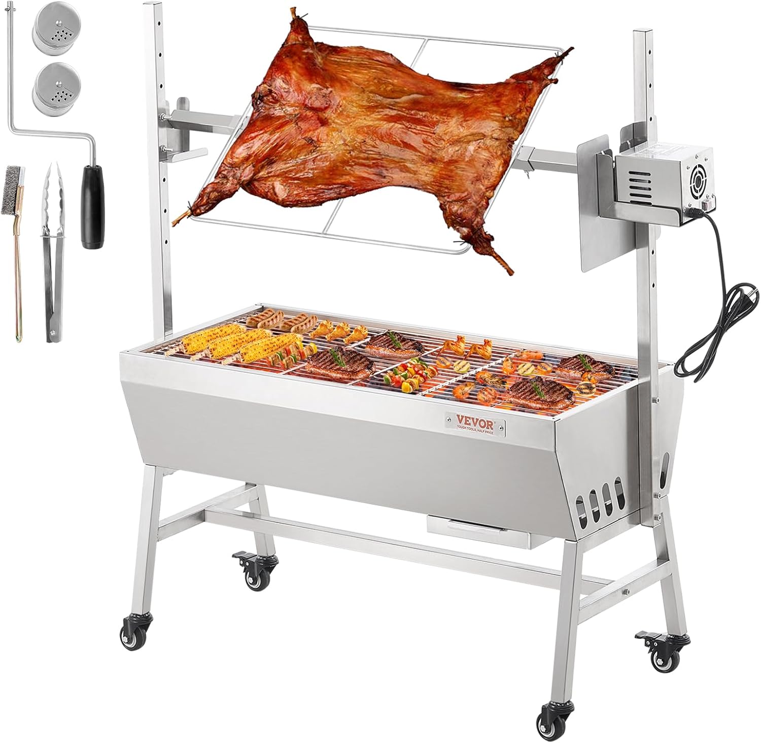 VEVOR Upgrade Rotisserie Grill, 35 Inch 90 Lbs Capacity, BBQ Whole Pig Lamb Goat Charcoal Spit Grill, Electric 42W Motor Stainless Steel Rotisserie Roaster with Lockable Wheels, for Camping Outdoor
