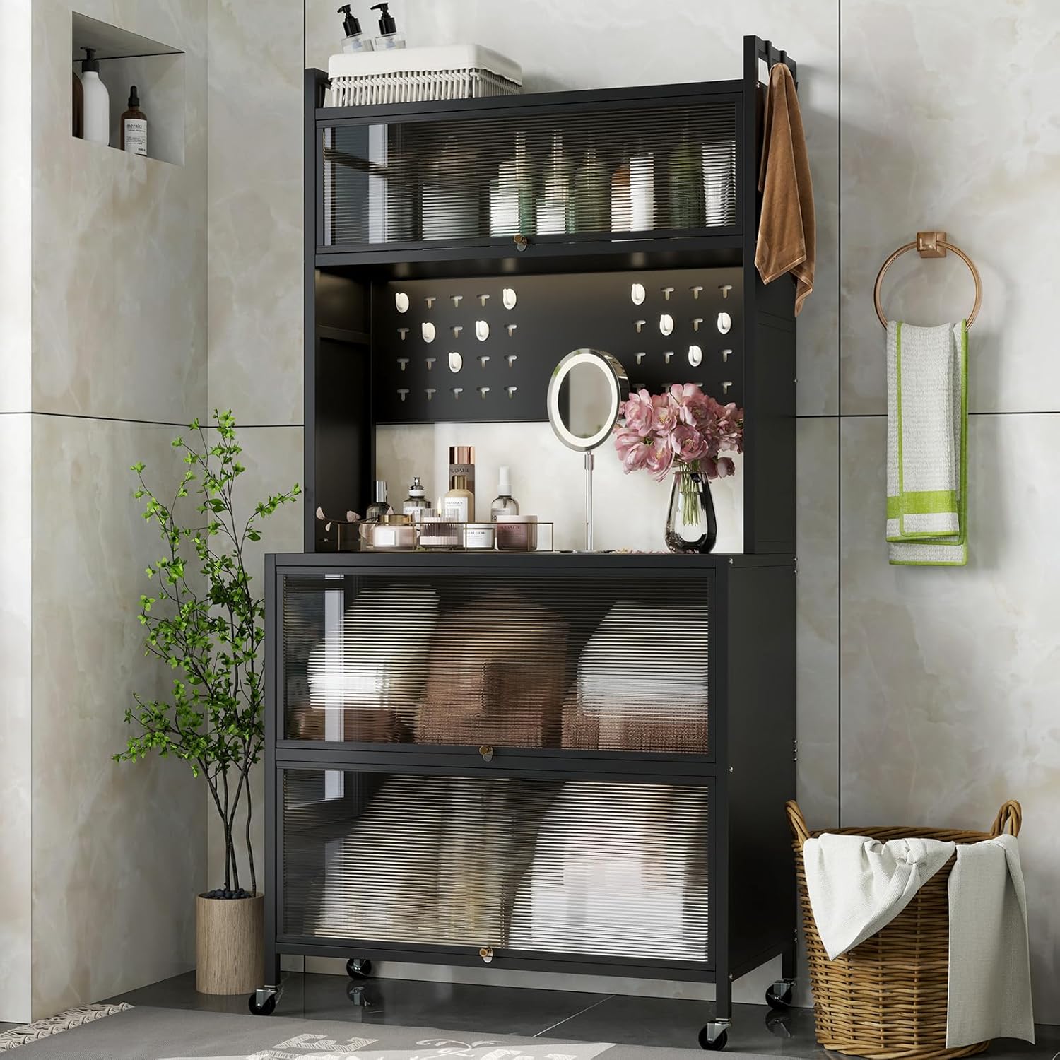 Giantex 5 Tier Rolling Kitchen Bakers Rack with Wheels, Microwave Stand with Flip Door Storage Cabinets, Pegboard & Hooks, Adjustable Foot Pads, Standing Pantry for Home Coffee Bar (Black)