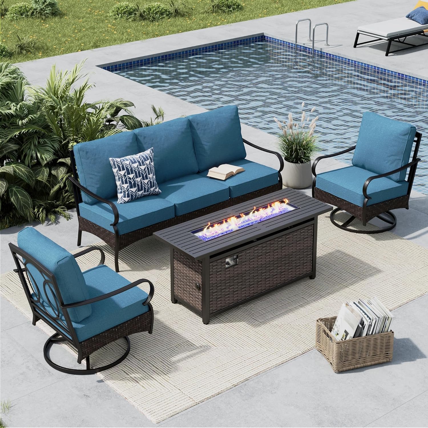 MFSTUDIO 4 Pieces Outdoor Patio Furniture Set, Metal Outdoor Conversation Set, Rattan Wicker Patio Sectional Set with 2 x Swivel Single Sofa, 3-Seat Sofa, 1 x Fire Pit Table, Navy Blue