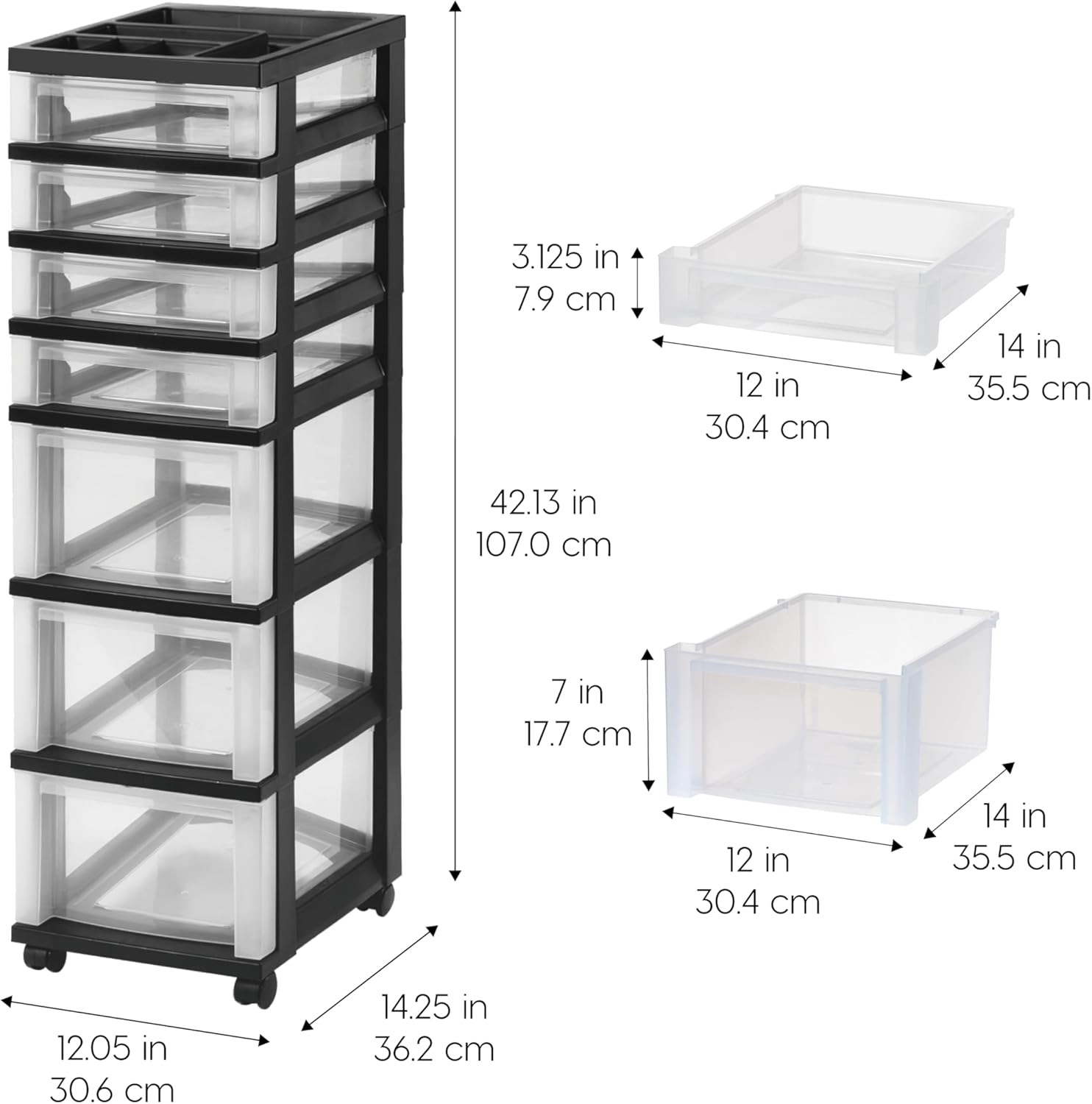 IRIS USA Plastic Drawer Storage Organizer Rolling Cart, with Wheels Casters, 7-Drawers, for Classroom Art Craft Supplies Dresser Closet Bathroom Laundry Room, Black/Clear