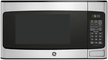 GE Compact Countertop Microwave Oven, 1.1 Cubic Ft., 950w Capacity, 6 Auto Cook Settings, Child-Lock Technology, Dorm Room, Apartment, Stainless Steel