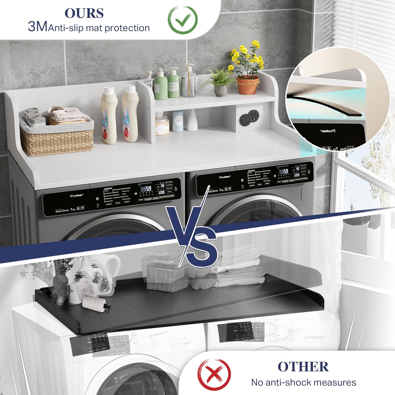 DTK Washer Dryer Countertop with Charging Station, 2 Tier Laundry Countertop with Anti-Slip Strips, 27.55