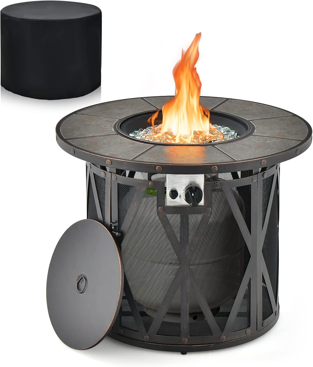 Tangkula 32 Inch Patio Round Fire Pit Table, Patiojoy 30,000 BTU Propane Gas Fire Table with Fire Glasses & PVC Cover, Ceramic Tile Tabletop, Outdoor Fire Table for Backyard, Poolside
