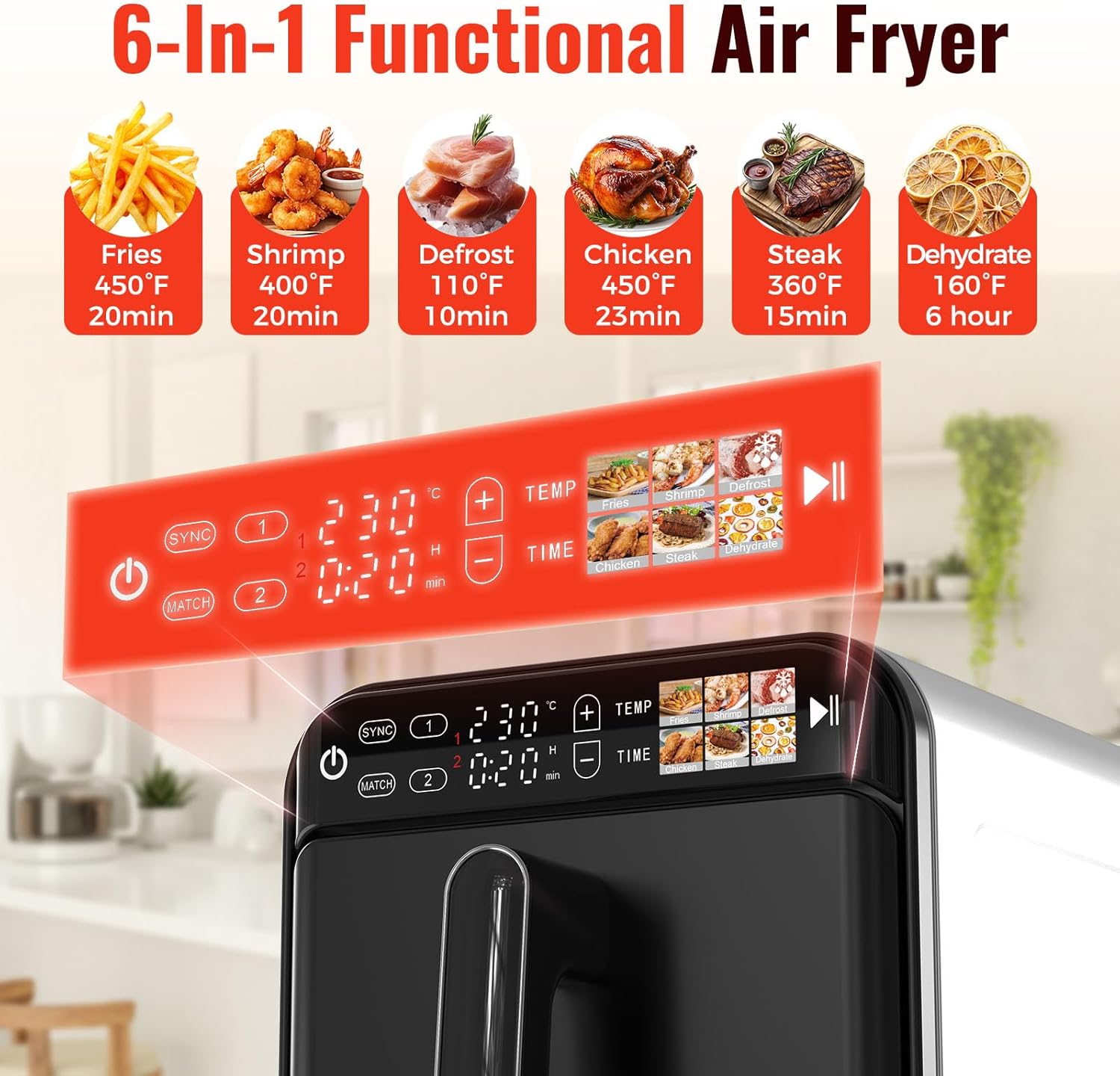 11.6QT Dual Basket Air Fryer Oven, Vertical 2-Basket Design, 6-in-1 Presets Function with Digital Touchscreen, Sync & Match, Easy to Clean, Dishwasher Safe, Family Meals