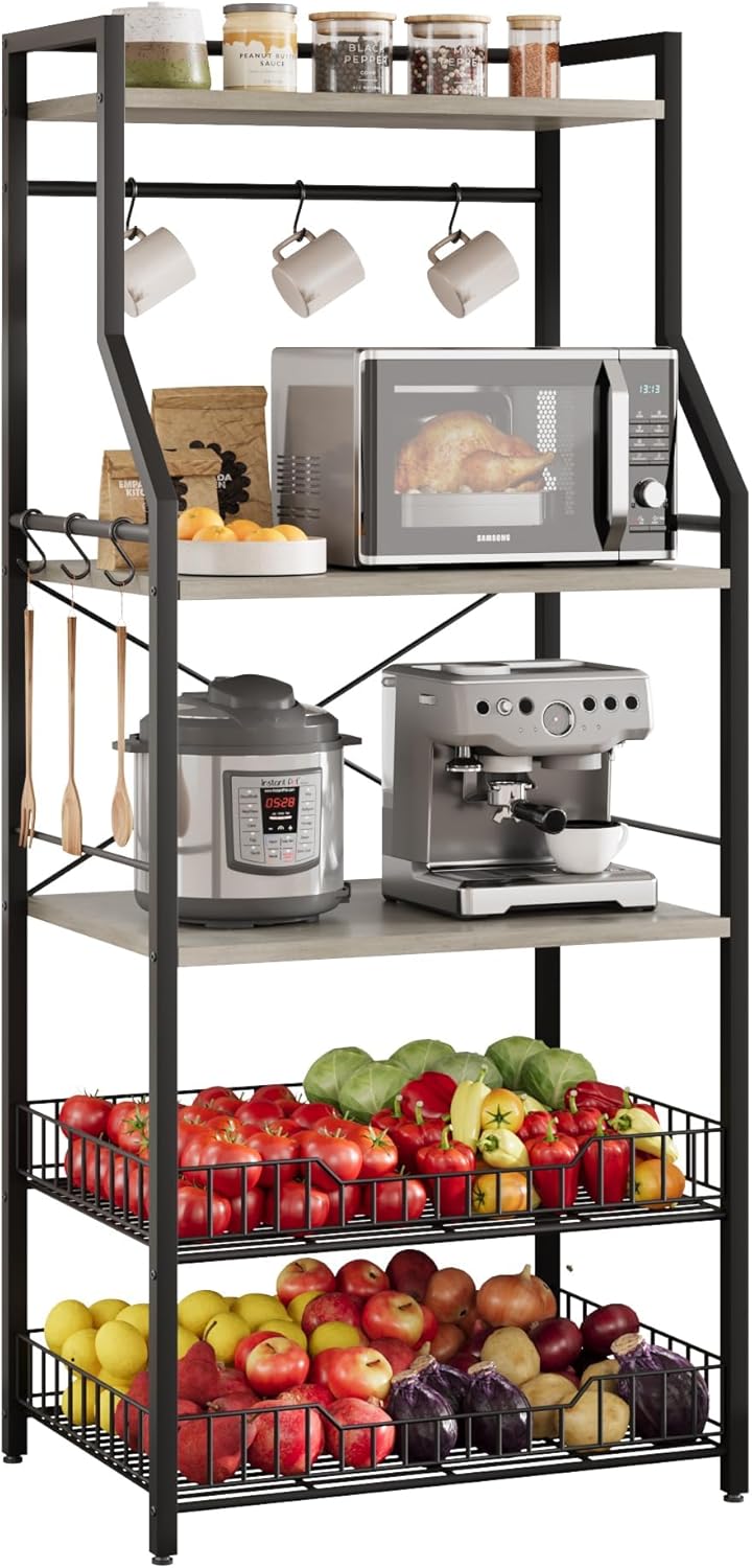 5-Tier Kitchen Bakers Rack, Compact Microwave Oven Stand with 2 Large Storage Baskets & 8 Hooks, Freestanding Coffee Bar Station, Sturdy Metal Frame Organizer for Kitchen Appliances, Black & Gray