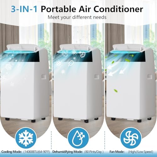 14,000 Btu Portable Air Conditioner, 3 in 1 Air Conditioner with Dehumidifier & Fan Modes, Energy-Efficient, Ultra-Quiet AC Unit with Remote Control & 24H Timer,White
