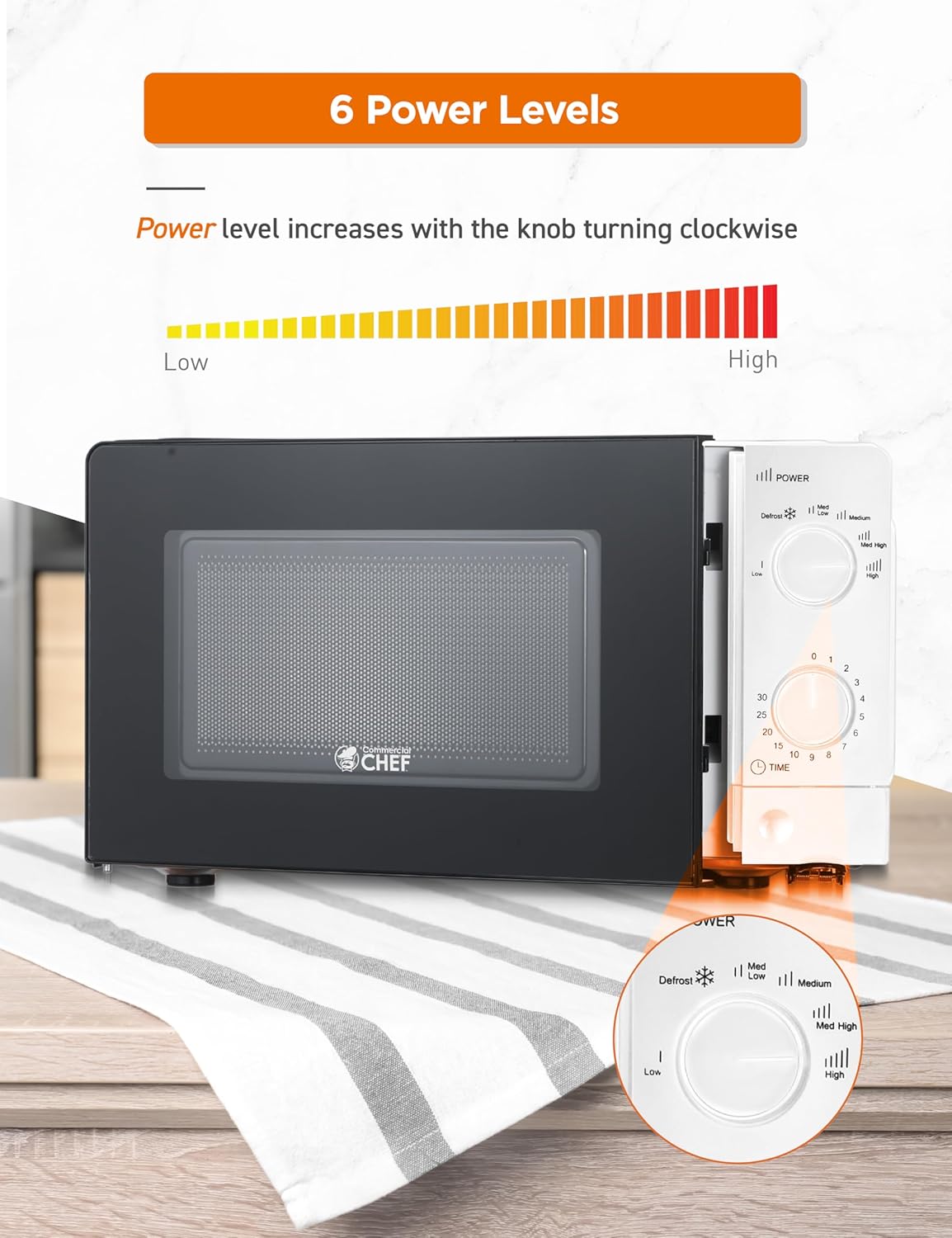 Commercial Chef 0.6 Cu. Ft. Countertop Microwave Oven, Mechanical Dial Controls, 700W, Pull Handle Door, 6 Power Levels, CHM660W, White