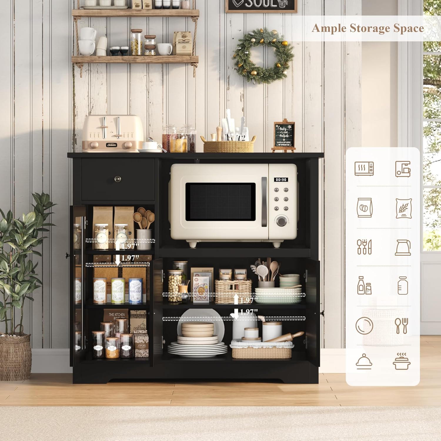 HORSTORS Microwave Cabinet, Kitchen Storage Cabinet with 3 Doors and 1 Drawer, Buffet Sideboard with Adjustable Shelves, Microwave Stand for Kitchen, Dining Room, Black