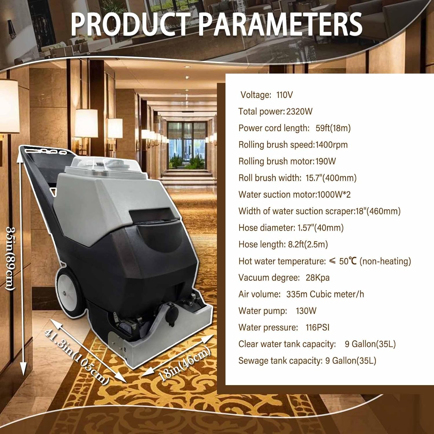 Commercial Carpet Cleaning Machine 3-in-1 Extractor Hand Pushed Hot&Cold Water Carpet Washer 9Gal+9Gal Tanks 18'' Stainless Steel Scraper for Hotel/Gym/Office Deep Cleaning 18m Cord 110V