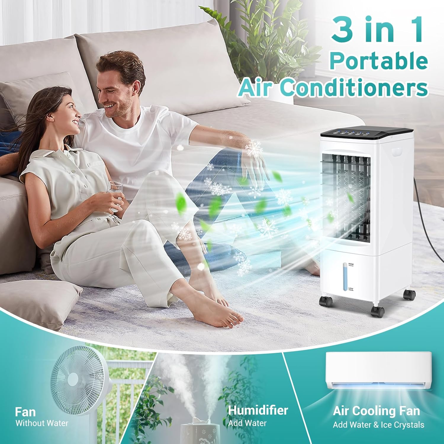 Portable Air Conditioners, 2025 Upgraded 3-in-1 Portable AC with Remote Control, Fast Cooling Evaporative Air Cooler, 3 Speeds, 7H Timer, Air Conditioner for Bedroom, Office, Kitchen (Black)