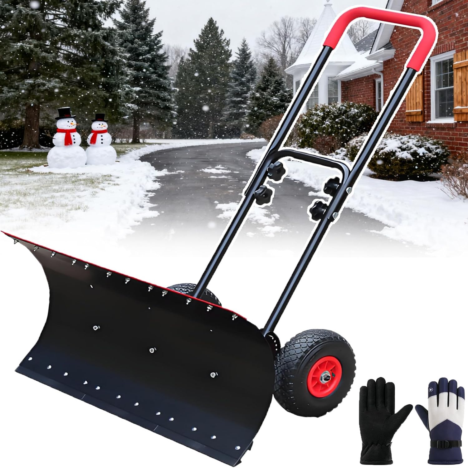 Upgraded Snow Pusher Shovel W/Wheels - 2 in 1 De-Icing Snow Shovel - Double-Pole Snowplow, 42cm Ice and Snow Removal Width, Inflatable Non-Slip Rubber Tires + 4-Way Adjustment