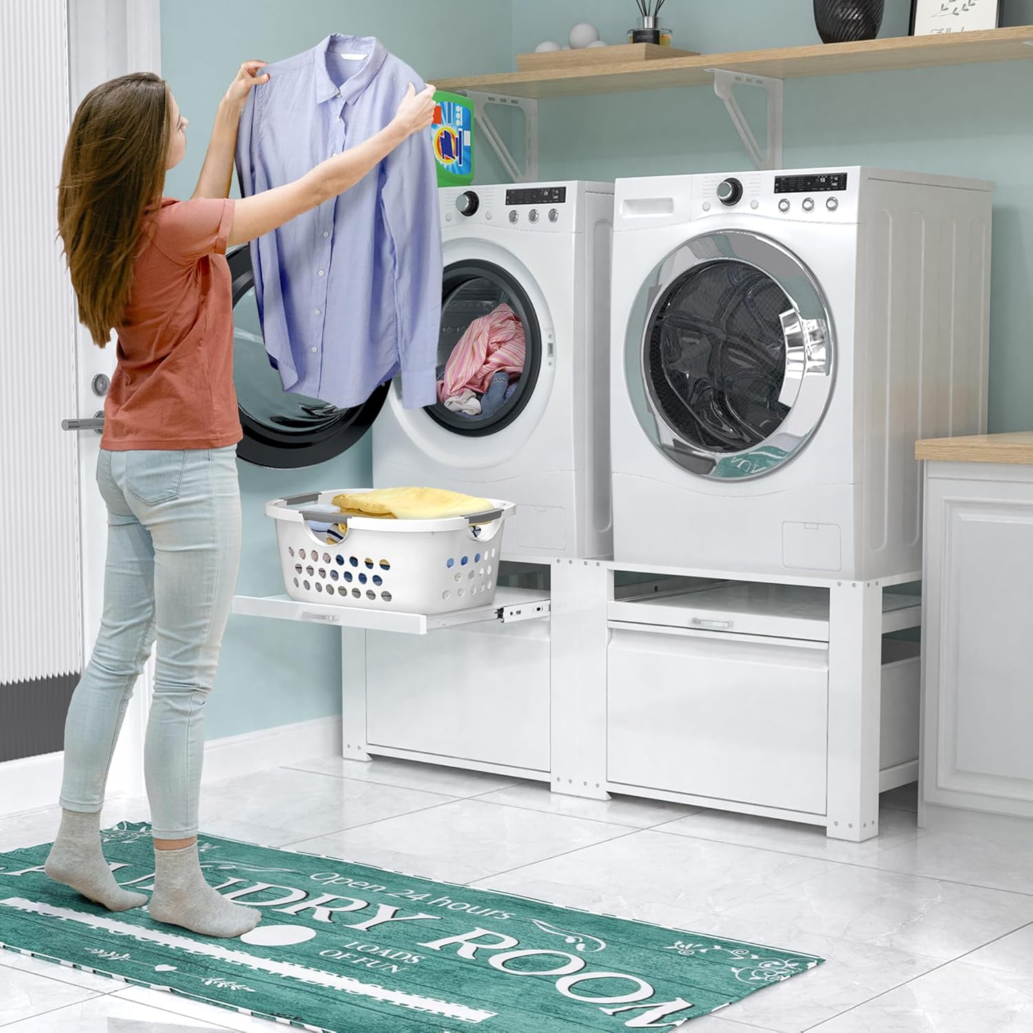 Washer and Dryer Pedestals, Laundry Pedestal Universal Fit Washing Machine Stand with Drawer Storage and Lundry Basket Shelf, 800LBS Capacity,White