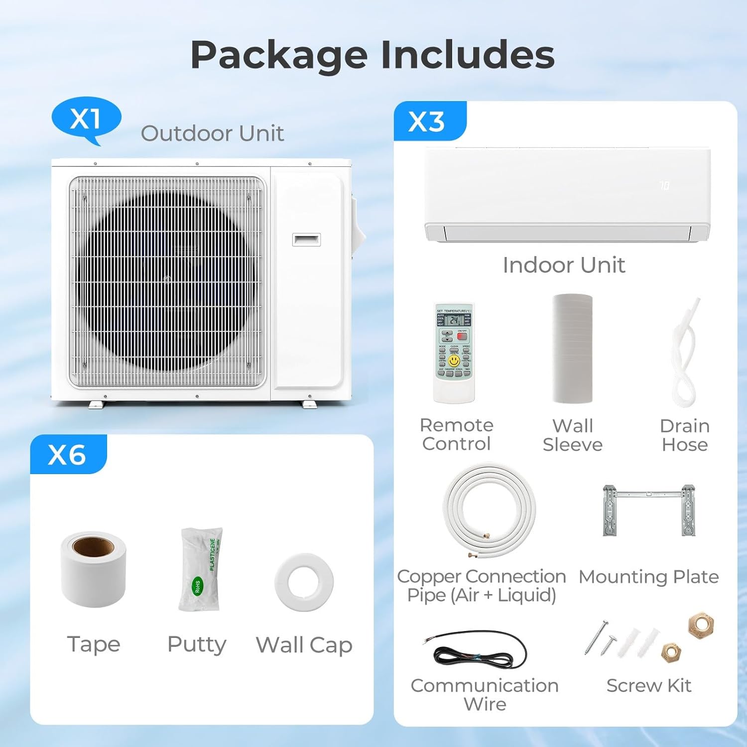 SIMOE 30K BTU ODU 3 Zone 7000 12000 12000 BTU 23 SEER2 208-230V, Wifi Energy Saving Multi Zone Mini Split Air Conditioner Pre-Charged Heat Pump, Heat Lower as -13℉, 16ft Installation Kits