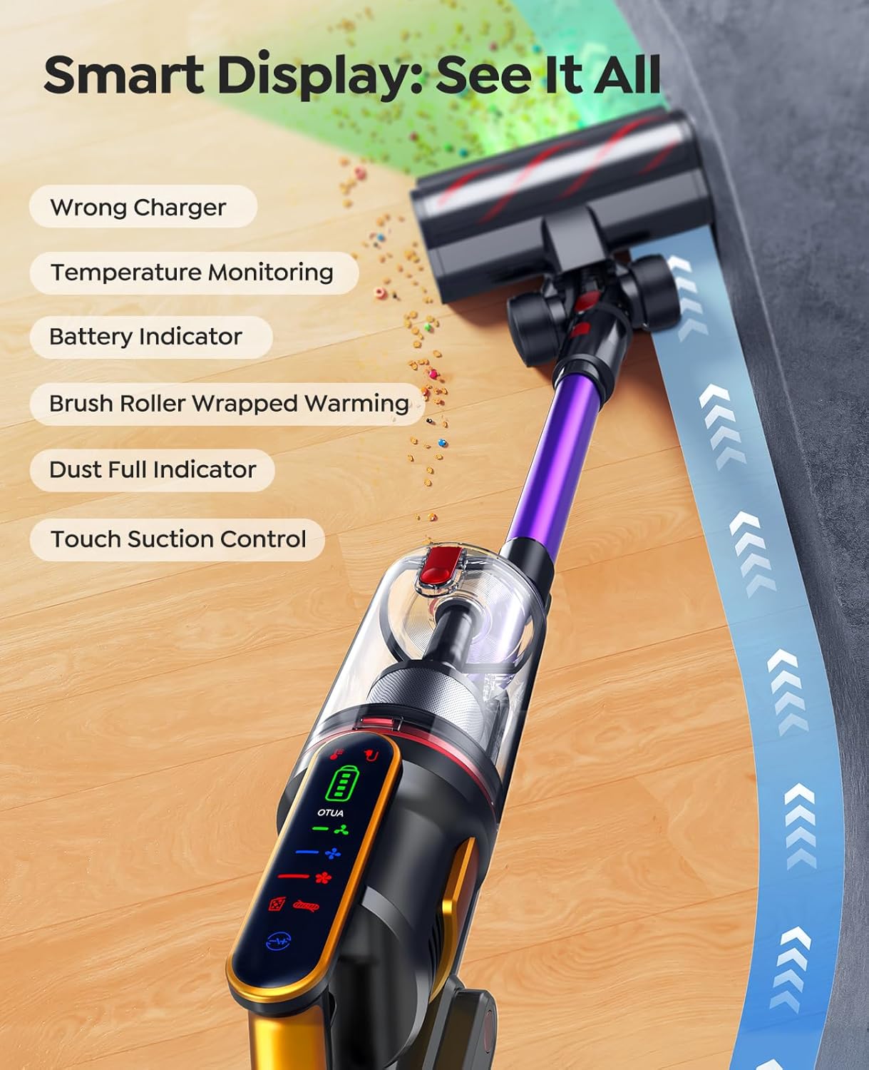 Cordless Vacuum Cleaner 50KPa/600W/65Mins Stick Vacuum Cleaners for Home with Pet Brush, 3.3Ft Hose, Wall Mount Charging, Auto Mode, Touchscreen, Self-Standing Vacuum for Pet Hair/Carpet/Car, Ultra10