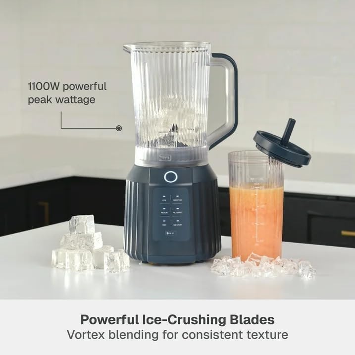 Thymes & Tables Countertop Blender Duo SmartCrush Tech 1100W with 57oz Pitcher & 25oz Cup, Smart Seal Lid, Vortex Blending, Pulse Mode, Dishwasher Safe, Ice Crush, Smoothie Preset (Atlantic Blue)