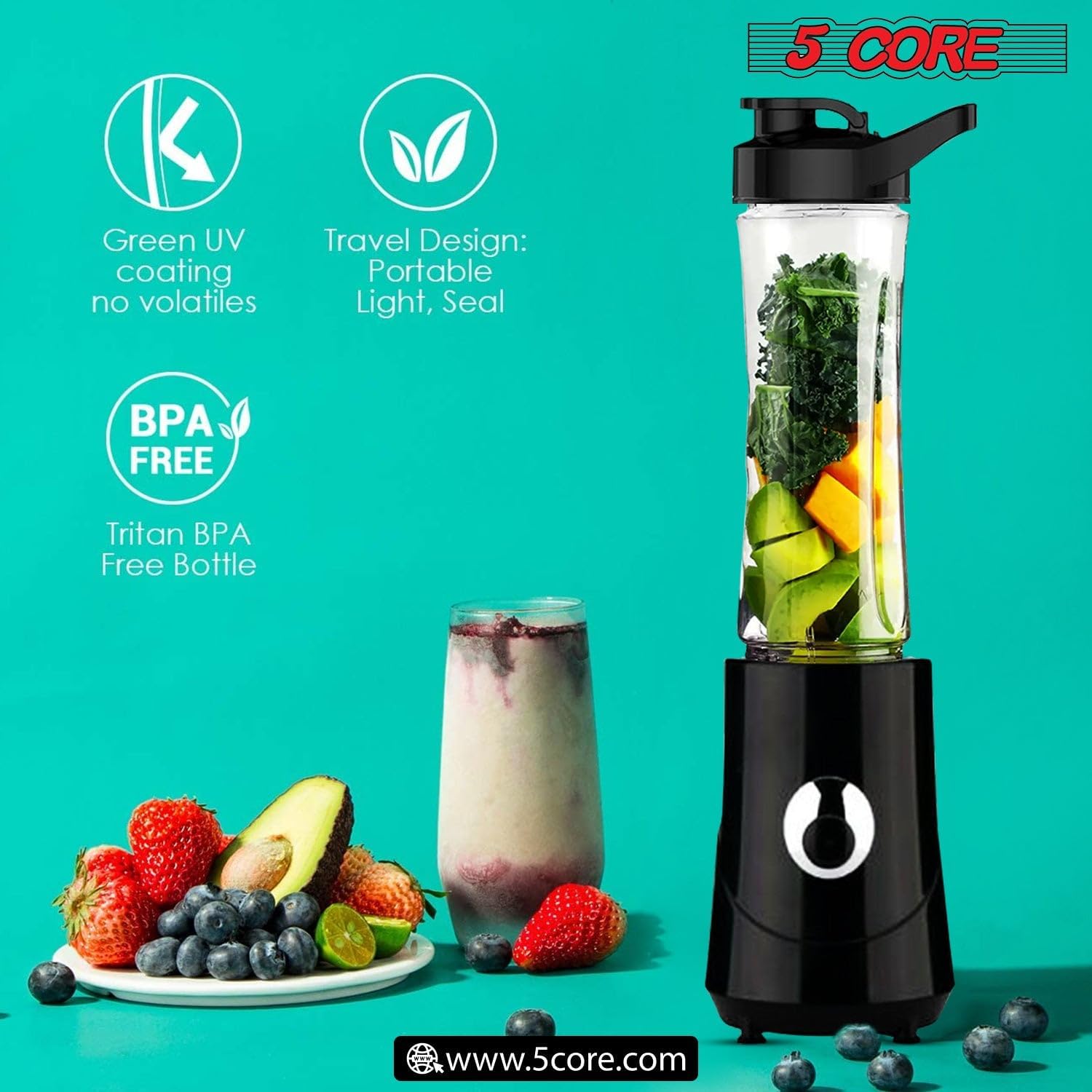 5 Core Smoothie Blender for Shakes and Smoothies, 500ml Powerful 160W Personal Blender & Smoothie Maker with Portable Bottle BPA Free 18 Oz, 4 Stainless Steel Blade, Blenders For Smoothie 5C 421