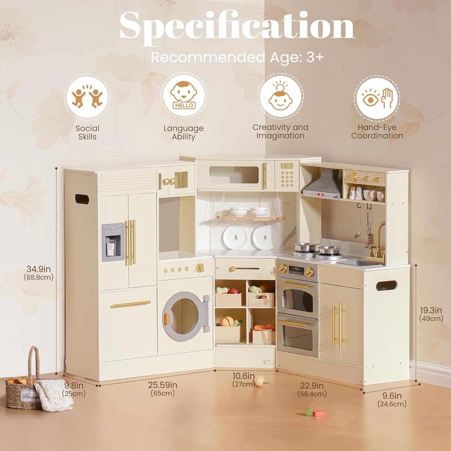 ROBOTIME Kids Kitchen Playset, Corner Wooden Play Kitchen with Fridge, Oven, Sink, Microwave & Washer, Realistic Lights & Sounds, Toddler Wooden Kitchen Toy Gift for Boys & Girls Ages 3+