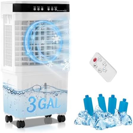 Swamp Cooler Portable Air Conditioners, 28” Evaporative Air Cooler with 3 Gallon Water Tank, 4 Ice Packs, 120°Oscillation Cooling Fan 2 Modes & 3 Speeds, 12H Timer for Home Outdoor Office Garage