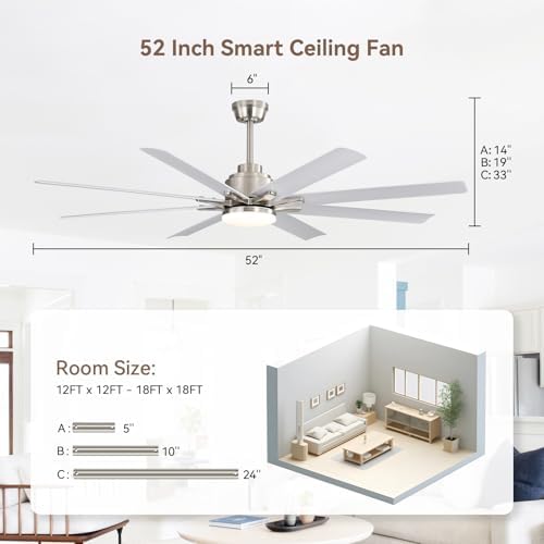 Sofucor Smart Ceiling Fan with Light, 52'' White Indoor/Outdoor Ceiling Fans with Remote Control, Work with Alexa/Google, Reversible DC Motor, ABS 8 Blades Ceiling Fans for Bedroom Living Room Patio