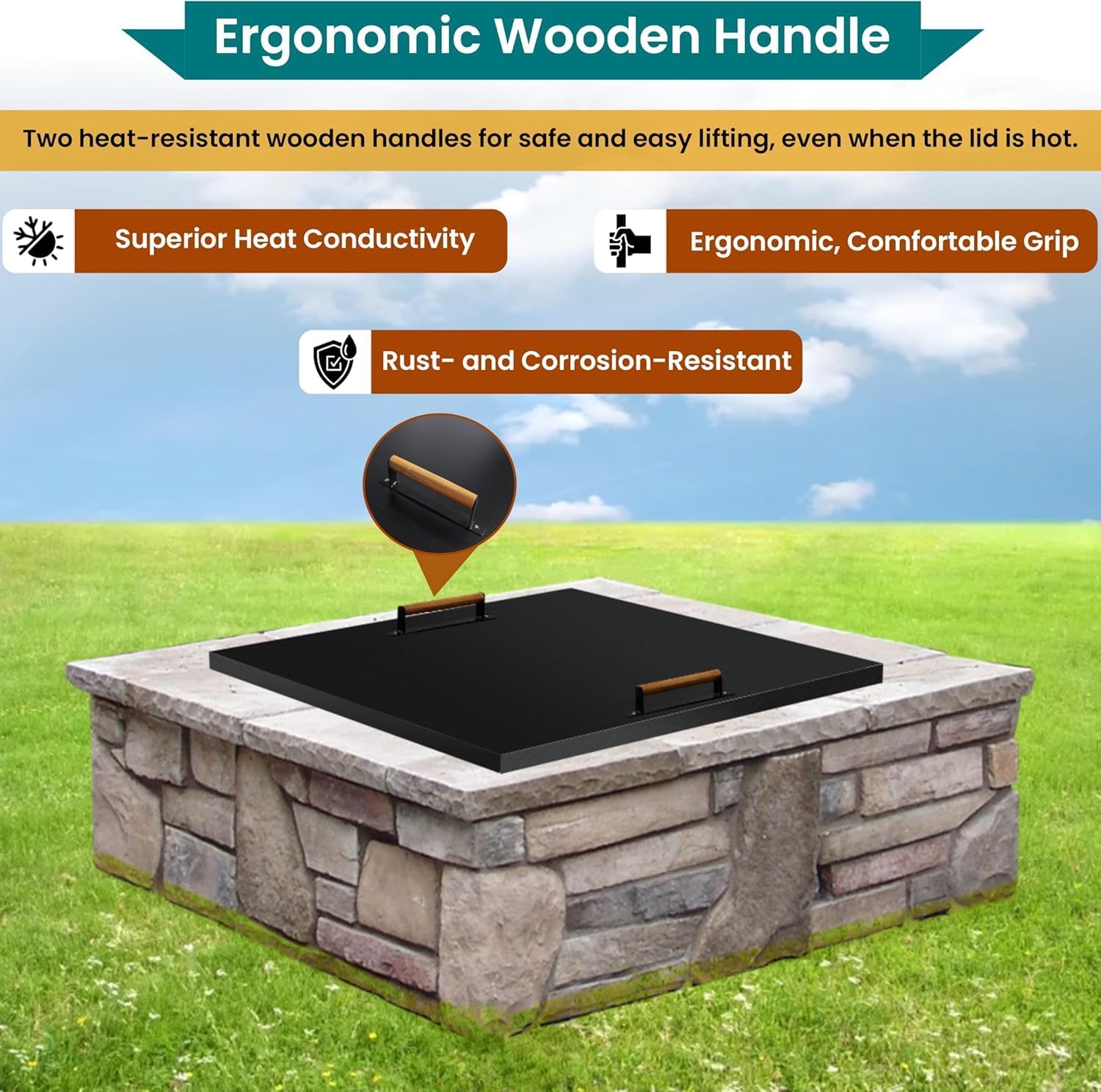 FEBTECH - Steel Fire Pit Lid - 42 x 42 Inch - Fire Pit Lid - Fire Pit Cover Square - Drop-in Burner Fire Pit Pan Lid - 1.5 mm Thickness for Outdoor FirePit…