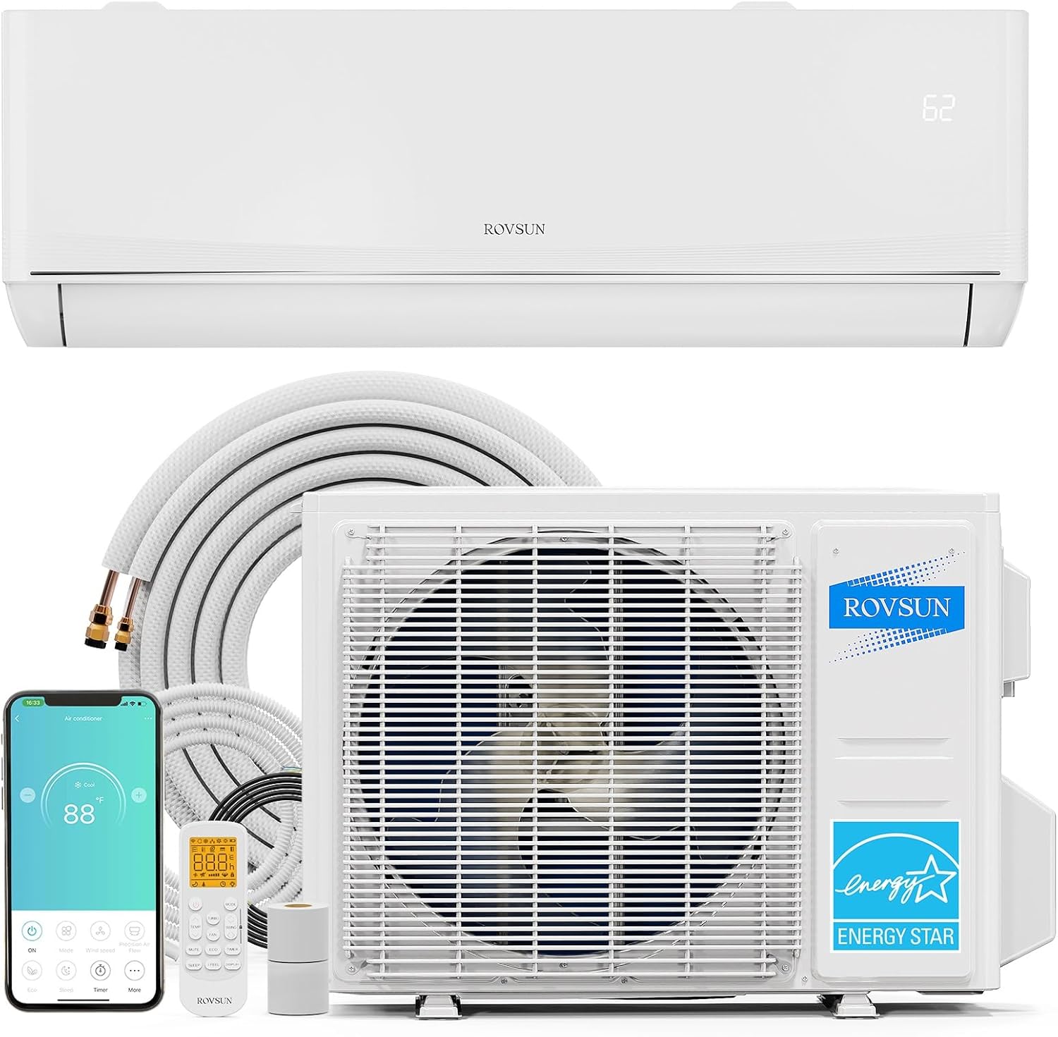 ROVSUN 9,000 BTU Smart WIFI Mini Split AC/Heating System with Inverter & APP Control, 24 SEER2 Ductless Split Air Conditioner with Pre-Charged Condenser, Heat Pump & Installation Kit, 115V